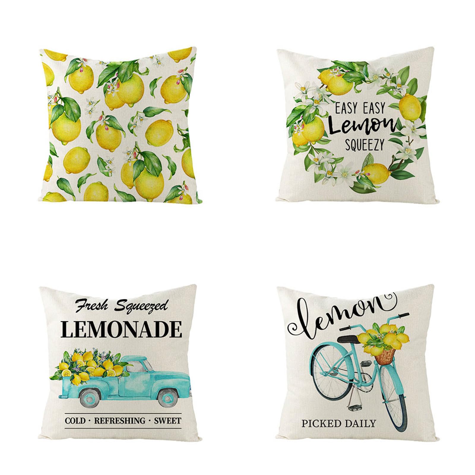 Housse de coussin 60x60 cm lot de 4 en lin motif citron jaune