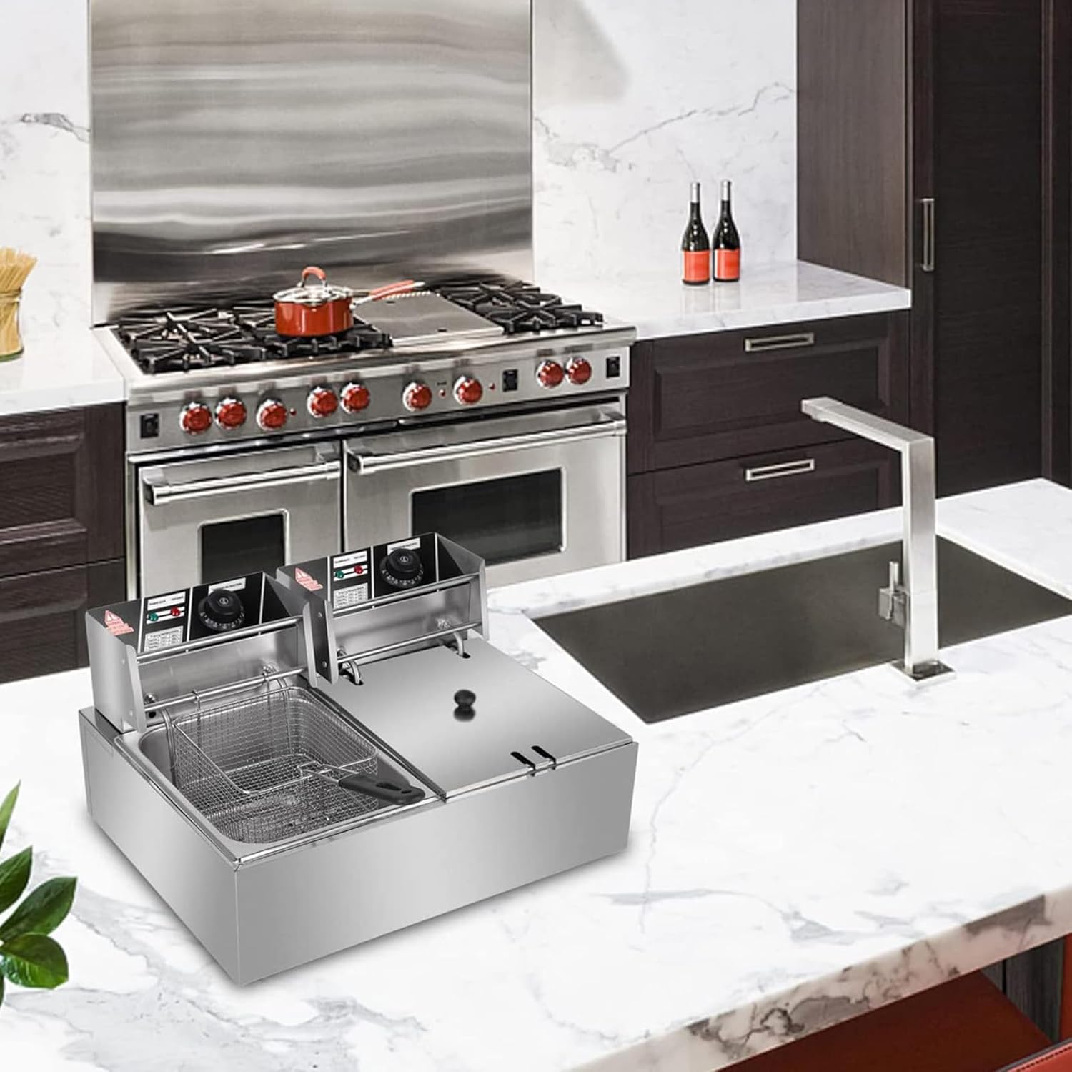 Professional Double Tank Fryer - Double Tank Electrical Appliances - Stainless Steel Commercial Fryer for Kitchen Dining Cooking Chips French Fries Fish Turkey Chicken Legs,
