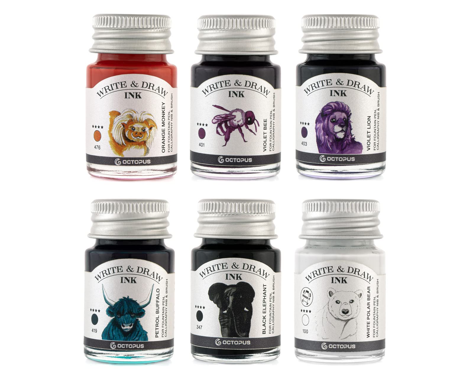 Octopus Write and Draw Ink Set Basic Mix, wodoodporny tusz do pisania i rysowania, tusz do kaligrafii, tusz do rysowania piór wiecznych, 6 x 10 ml