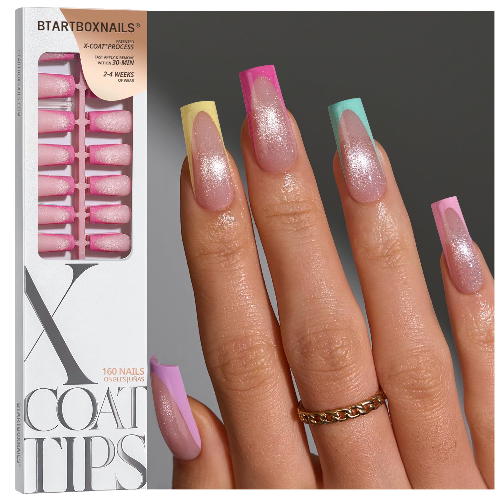 BTArtboxnails Press On Nails, Long Square Pastel Fake Nails, 160Pcs