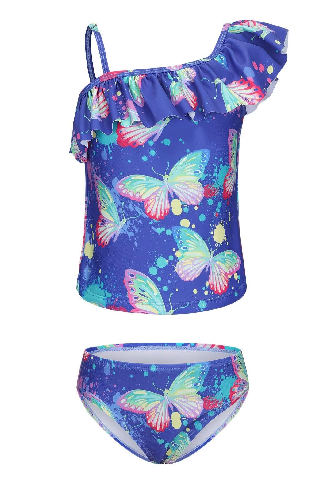 Girls Two Piece Tankini Swimsuits Tie Dye Bathing Suit for Kids One Shoulder Swimwear 3-16 Years
