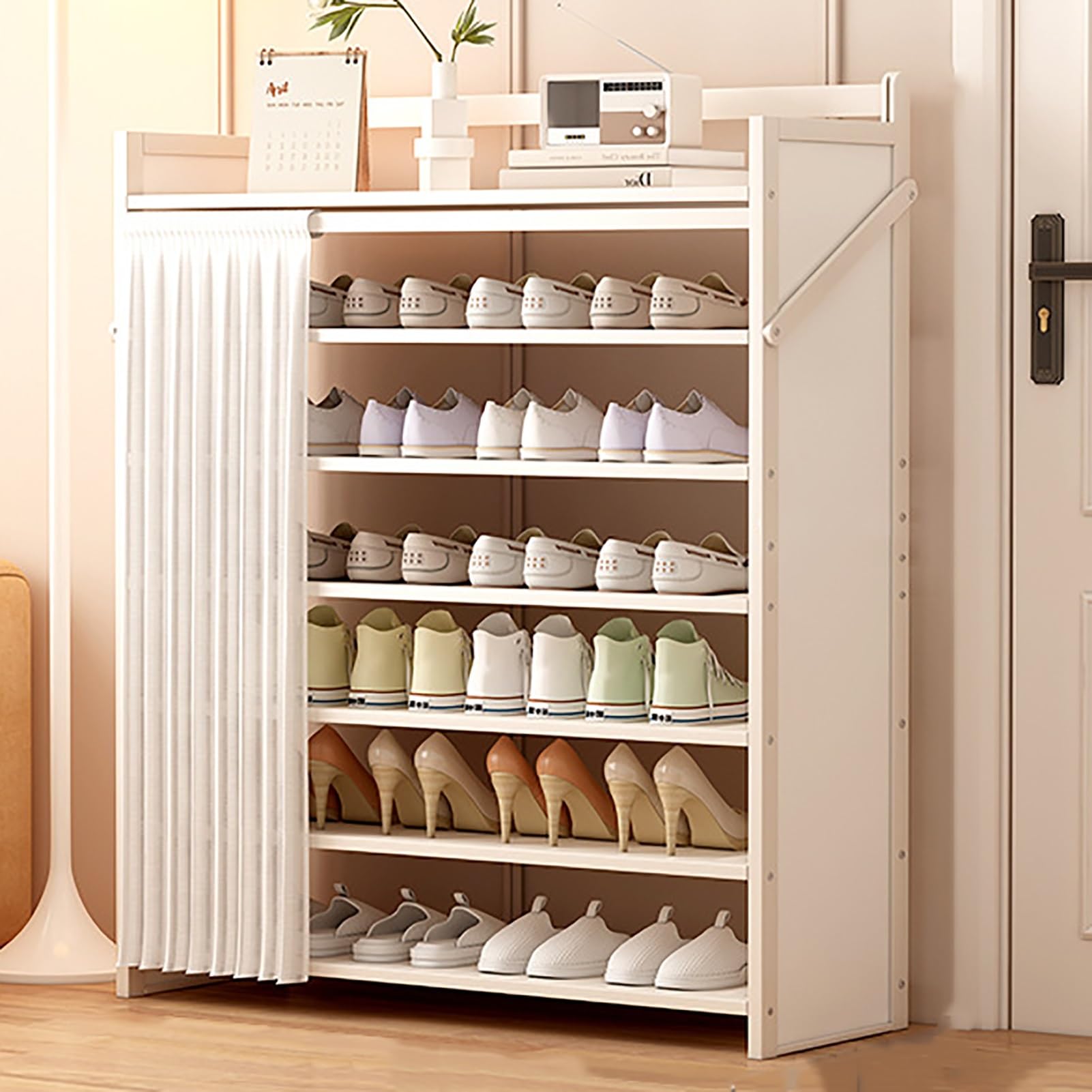 Foldable Shoe Rack No Assembly Required Bamboo Shoe Indoor/Outdoor Storage Shelf Independent Shoe Cabinet for Entryway Camping 2 Tier Black Color(White-7 Layers 35.4in)