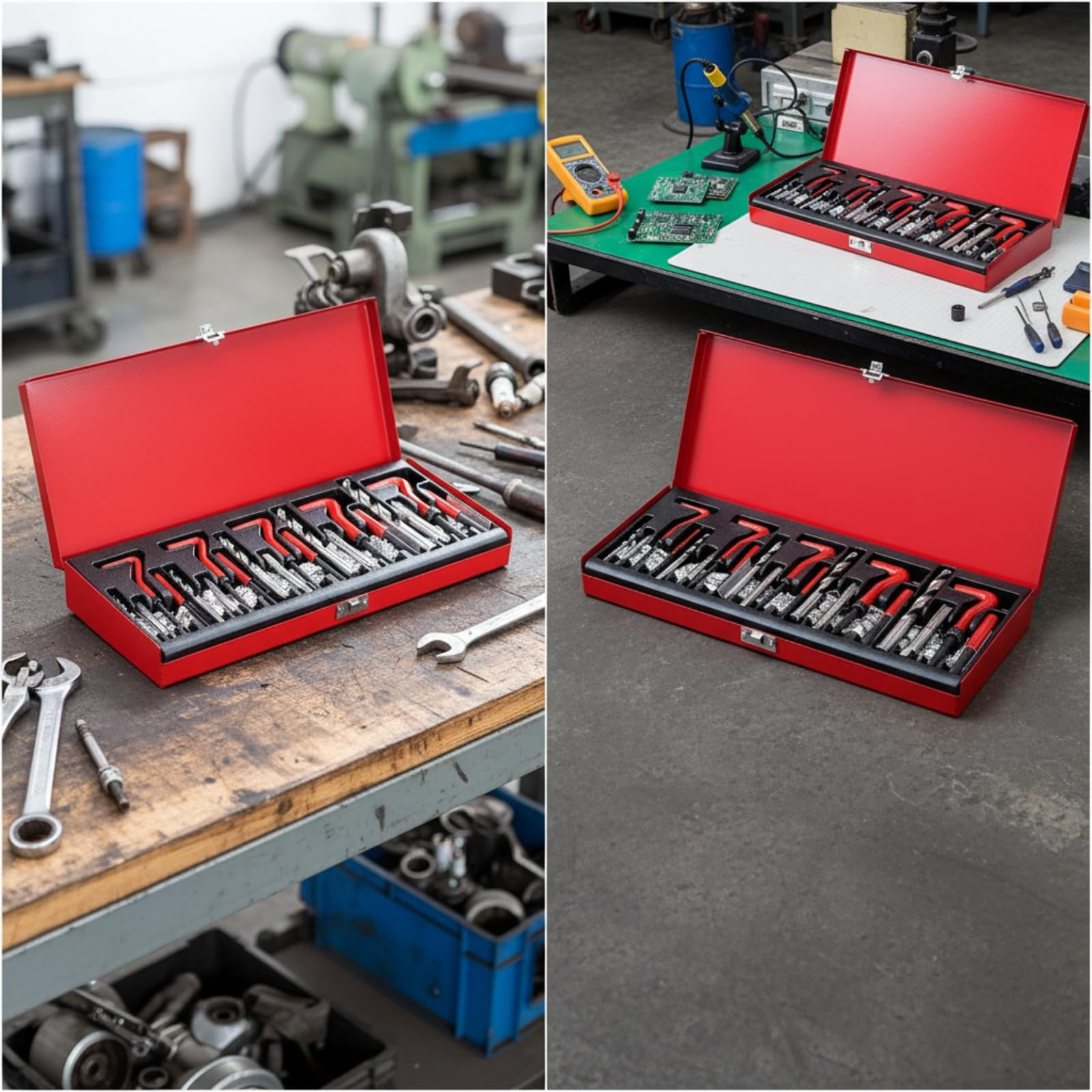 Kit Riparazione Filetti Custodia Rigida Inserto Filettato Set Impugnatura a T Attrezzi Auto, Scatola Rossa, Manico Blu
