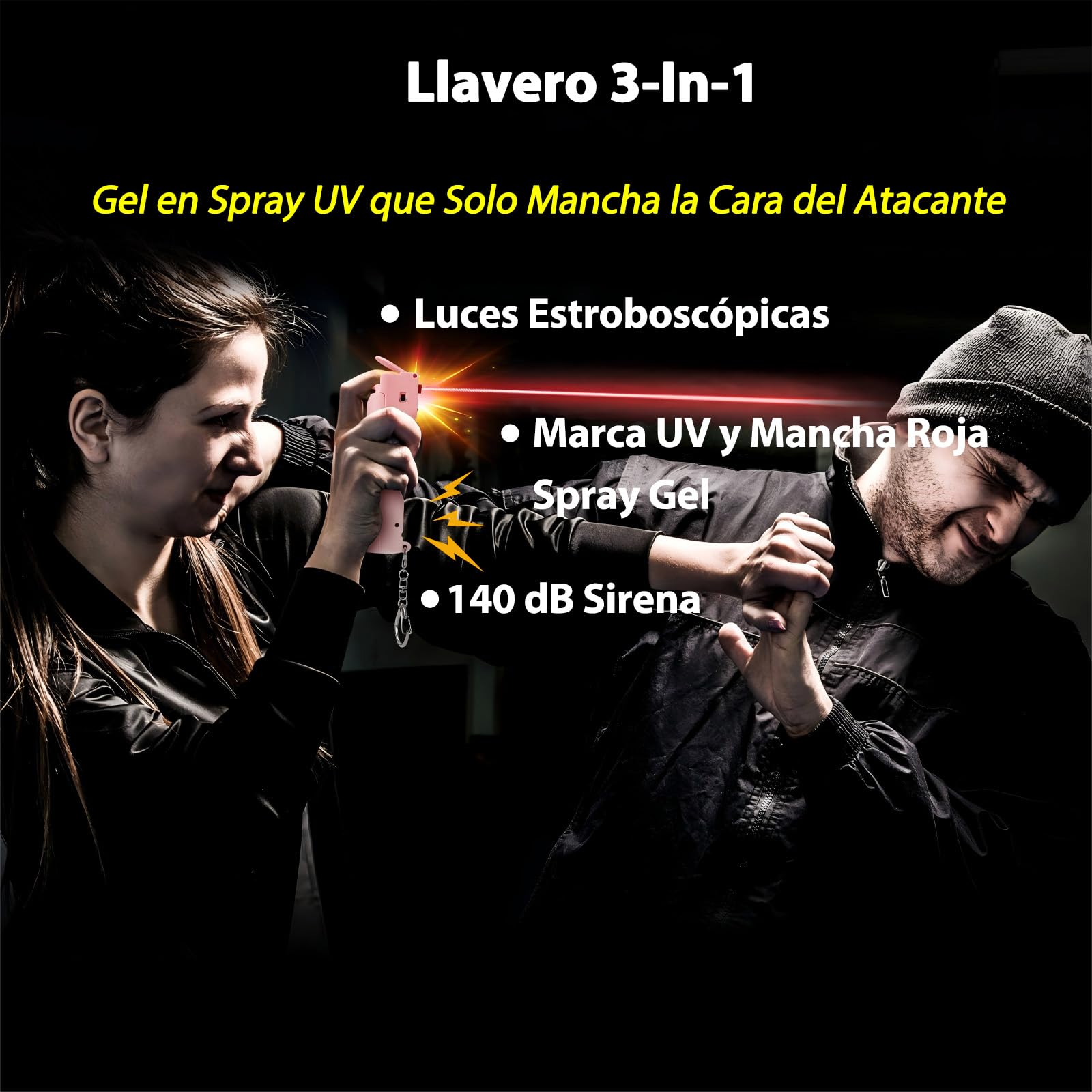3-in-1 Alarme Personnelle et Spray Gel pour Femmes, Marquage UV Invisible et Colorant Rouges, Sirène 140dB, 3 Stroboscopiques Rouges, Anti-Vent 3-4M, Recharge Cartouche, Rechargeable