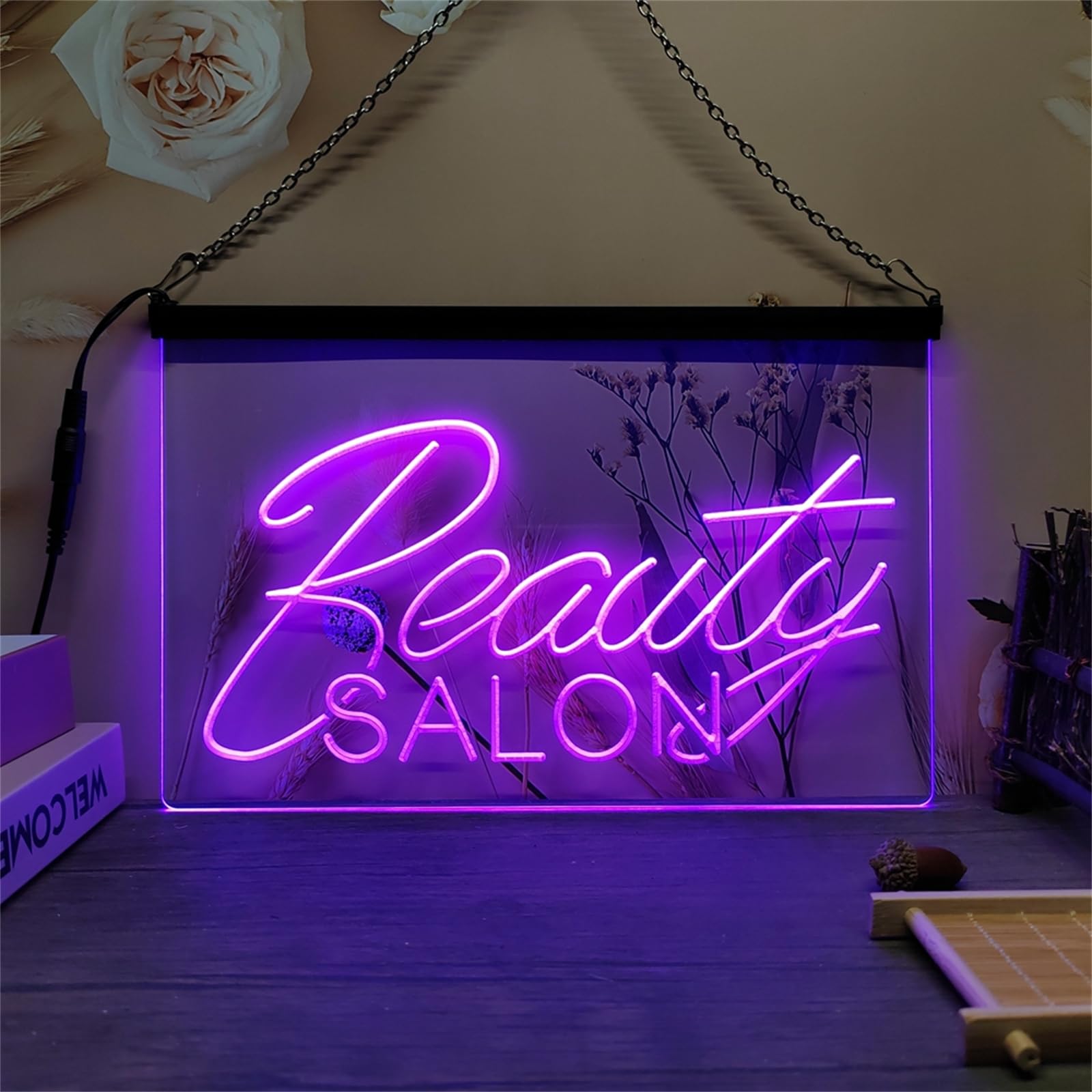 REWIS Beauty Salon LED Neon Signboard, Hair Nails Shop Neon Lights Wall Hanging Luminous Decor USB Powerd with Dimmer,Purple,30x20cm