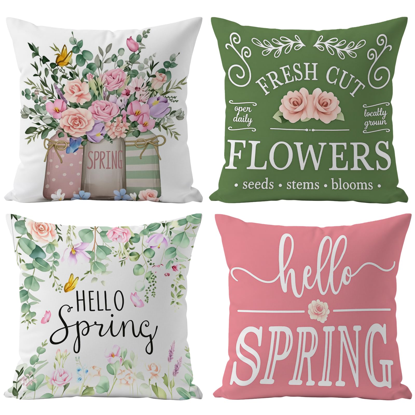 4PCS Spring Pillow Covers 18x18 Inch Short Plush Waterproof Outdoor Pillow Covers for Patio Sofa Couch Porch Garden Decor Green and Pink Floral Decorative Throw Pillows Spring Home Decorations