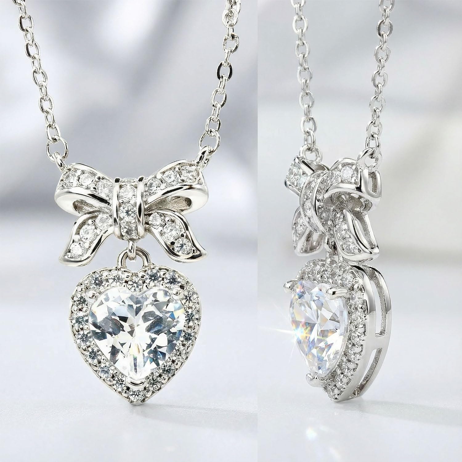 925 Sterling Silver Heart Necklace for Women, Sparkling Bowknot Pendant with 5A Cubic Zirconia, Hypoallergenic Dainty Jewelry, Romantic Valentine's Day Wedding Gift for Her, Wife, Adjustable Chain