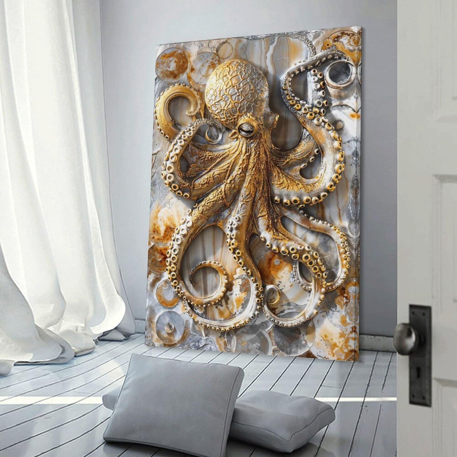 Junmoney Golden Octopus Elegance Home Decor Wall Art 20x30inch(50x75cm), for Living Room, Lounge Or Sitting Room, A Home Accent with Warm Character