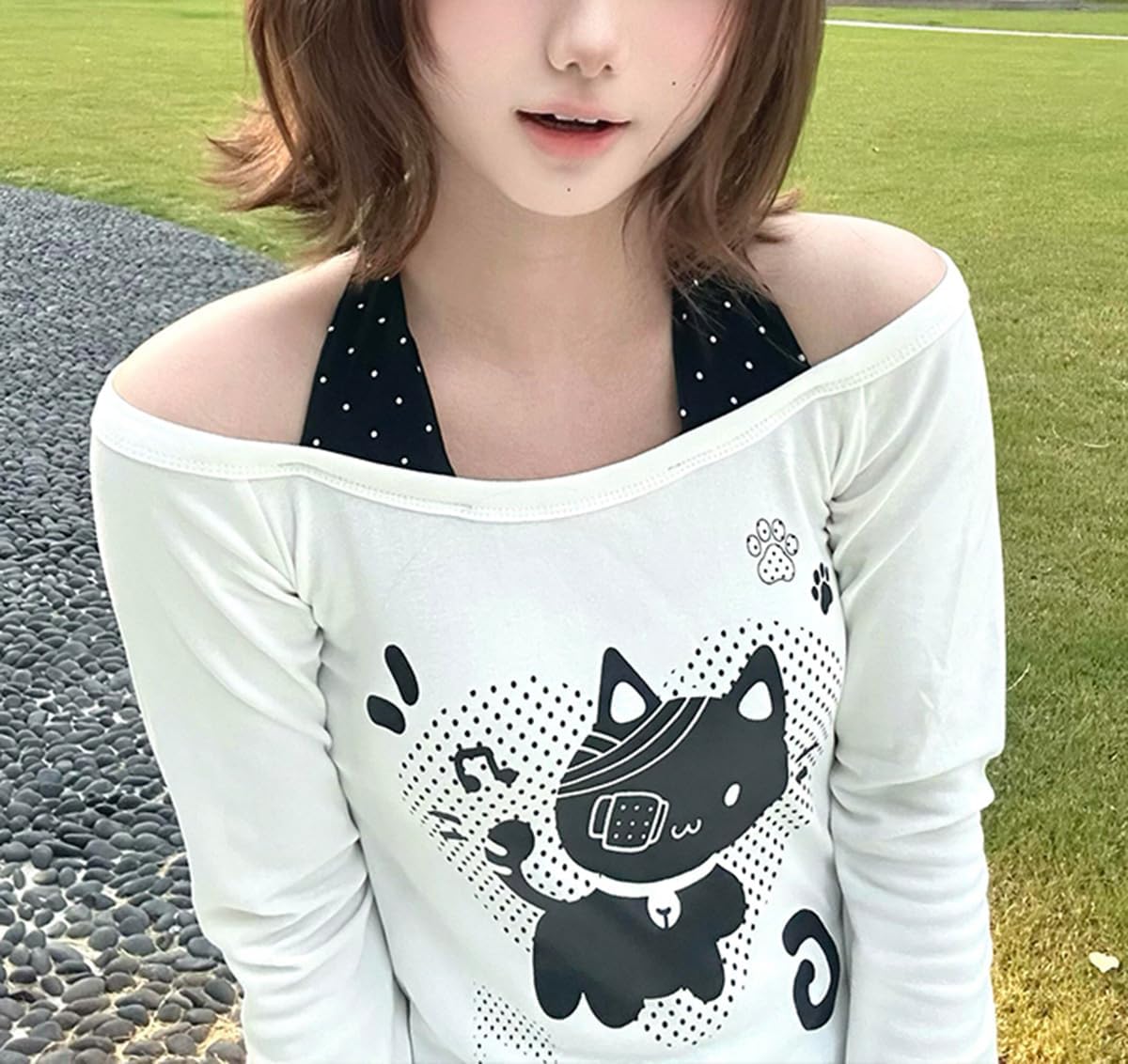 Y2K Off Shoulder Kawaii Cute Graphic Sweatshirt Casual Long Sleeves Hrajuku Tops Cat Print Pullover Sweatshirts - Image 4