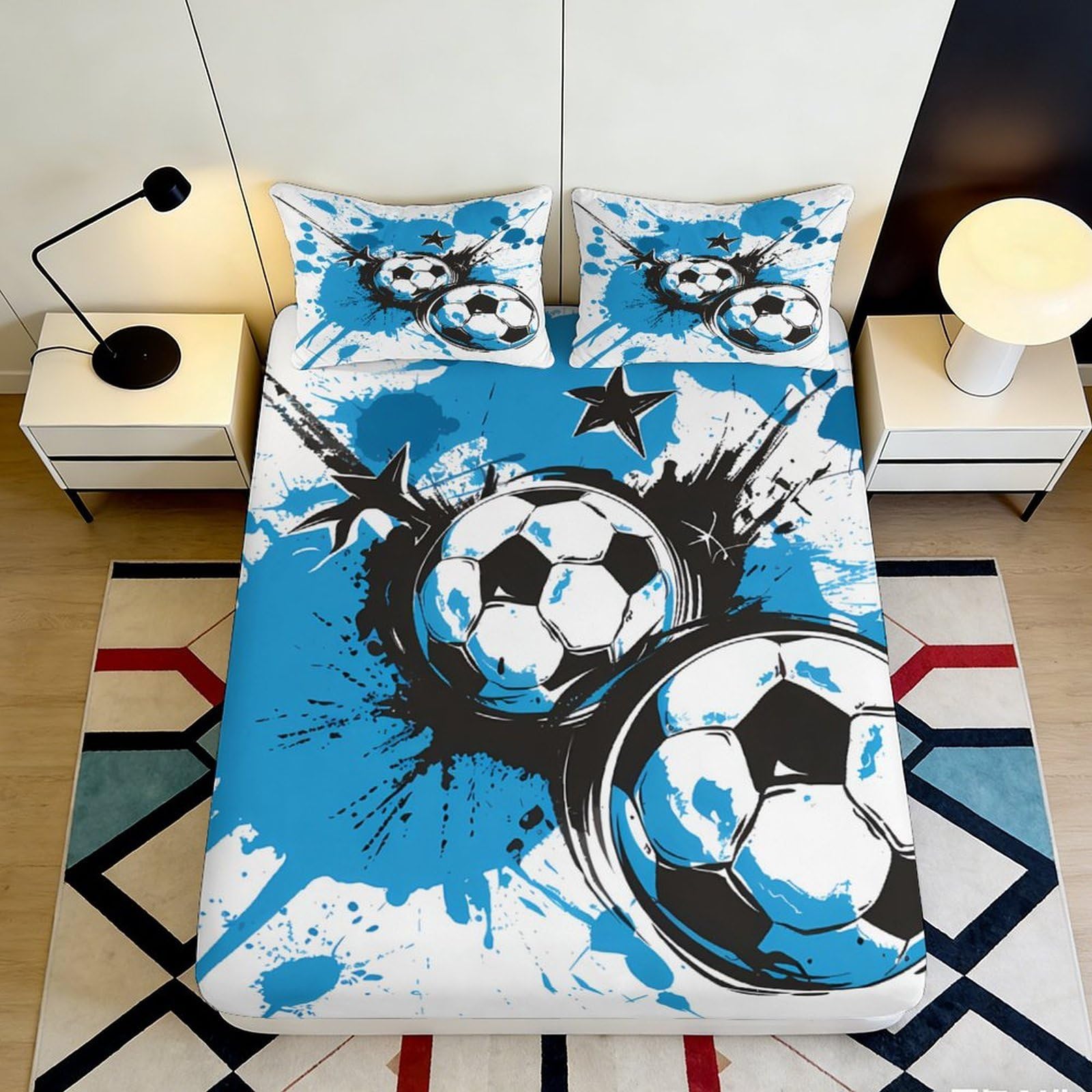 Jqzkxnhpbr Style-9 3D Printed Blue Graffiti Soccer Fitted Sheet Microfiber Soft Washable Football Spray Mattress Cover For Bedroom Dorm Room Decor 90X200x25cm