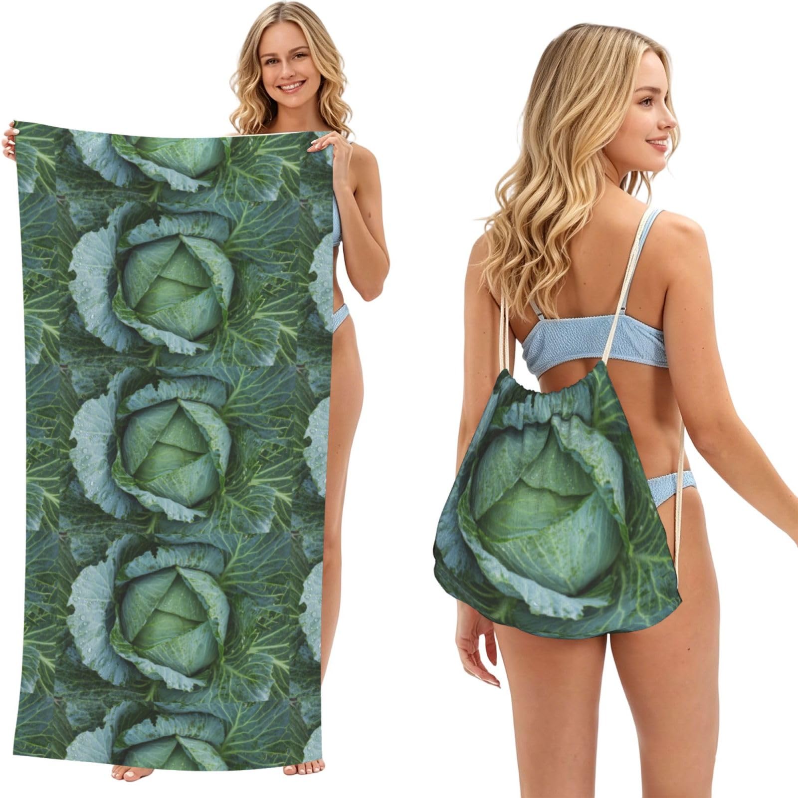 Poadnly As Picture Bright Cabbage, 2 In 1 Packable Towel Bag, Beach Towels With Drawstring Backpack For Travel Holiday Camping