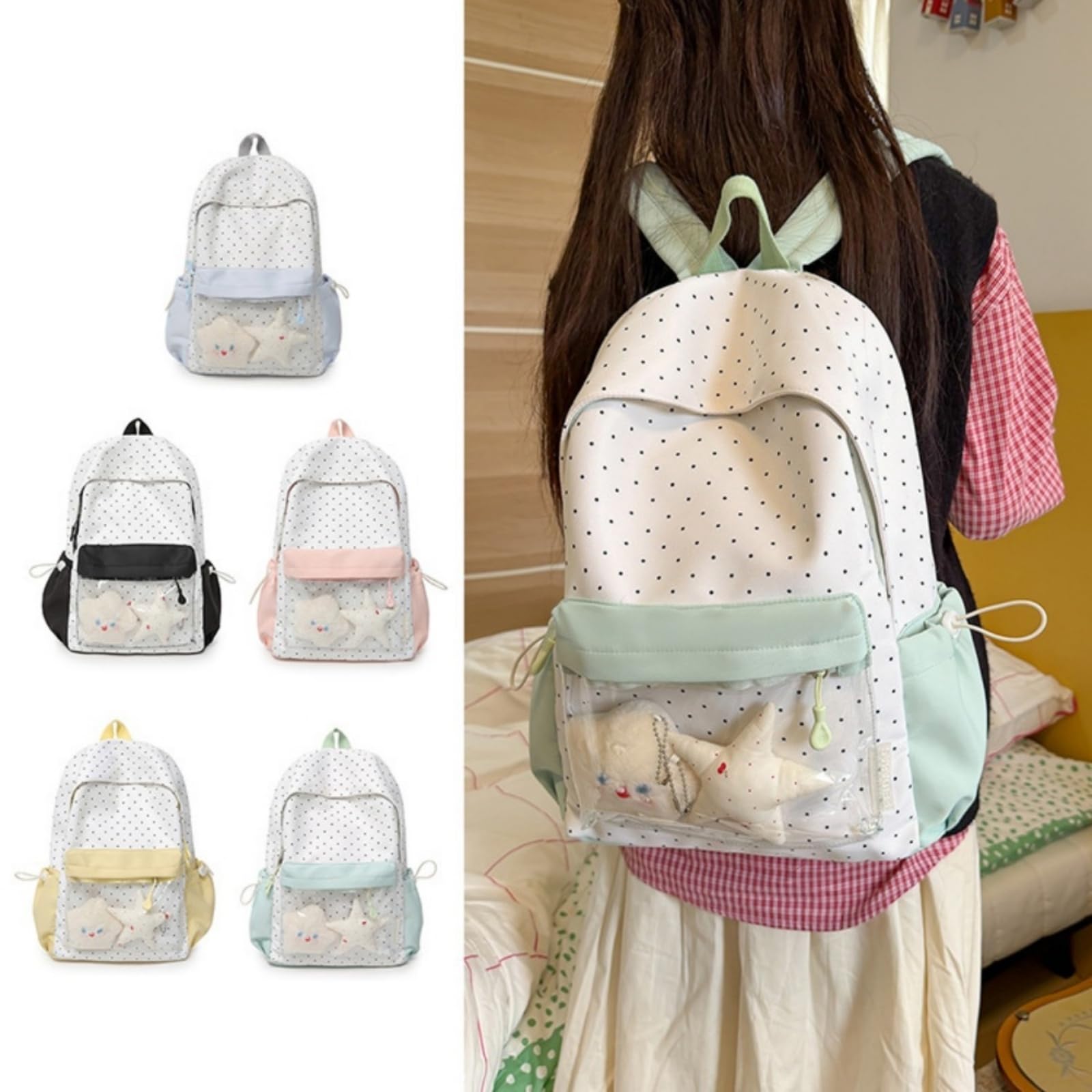 Zaino Polka DOT Contrasto ITA Zaino, Carino Grande capacità Borsa Leggera Scolastica per Ragazze Uso Giornaliero di Viaggio-pink-40x31x14cm