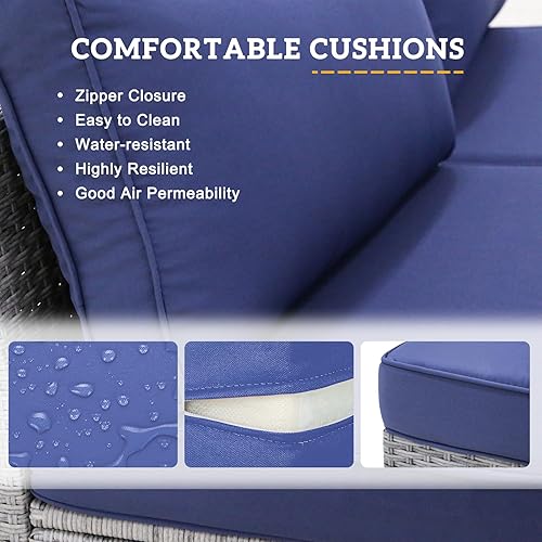 Miniatura 3 de EAGLE PEAK Juego de 2 sofás de mimbre sin brazos para exteriores, sillas sin brazos para patio al aire libre con cojines extraíbles, sofá biplaza de