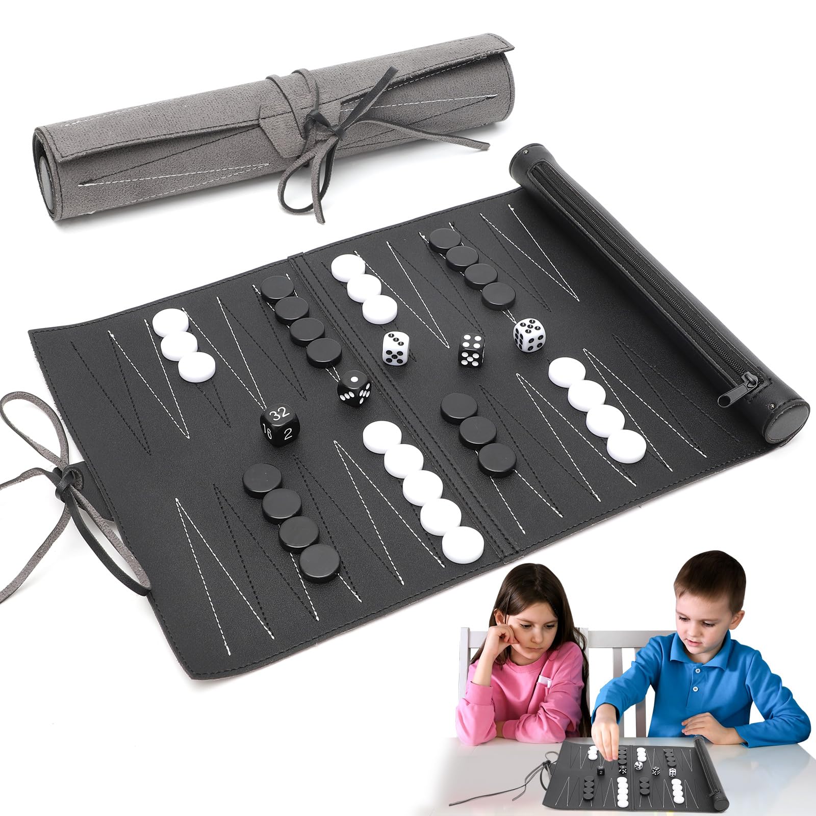 CEWROM Backgammon Set, Made of Faux Leather, Classic Backgammon Board Game, Portable Travel Strategy, Game Classic Tavla as Roll Board Game, Rollable