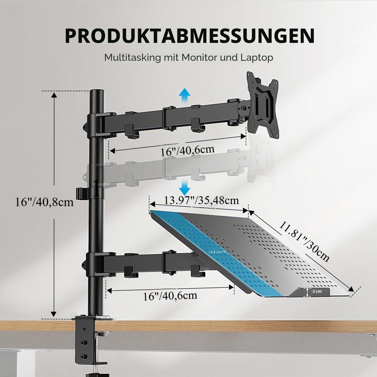 HUANUO Monitor Halterung mit Laptop Arm, Monitor Laptop Halterung für 13-32 Zoll Bildschirmhalterung 1 Monitor & 17 Zoll Notebook, VESA 75/10, Gaming