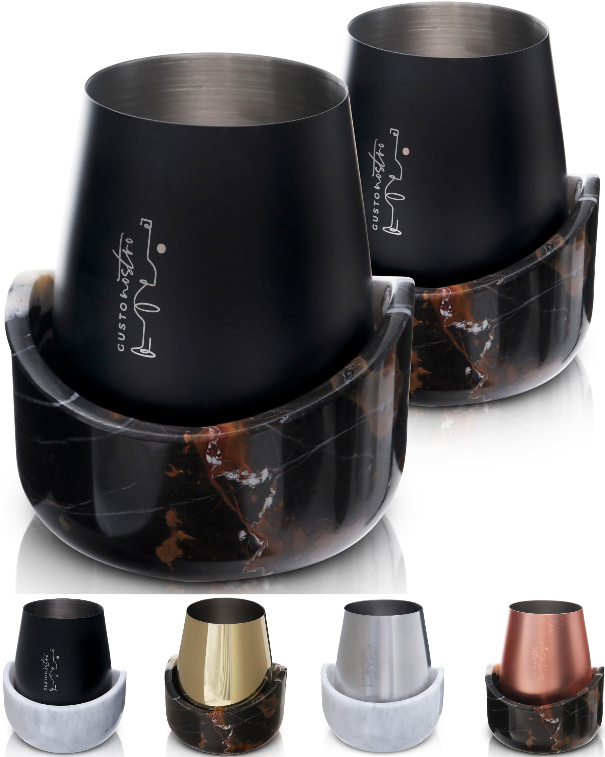 Gusto Nostro Marble Wine Chiller for Glass and Stainless Steel Tumbler Set of 2 - Wine Glass Chiller Holder for Freezer - Cool Set of Two Chillers &amp; Stemless Wine Metal Tumblers for Home, Bar (Black)