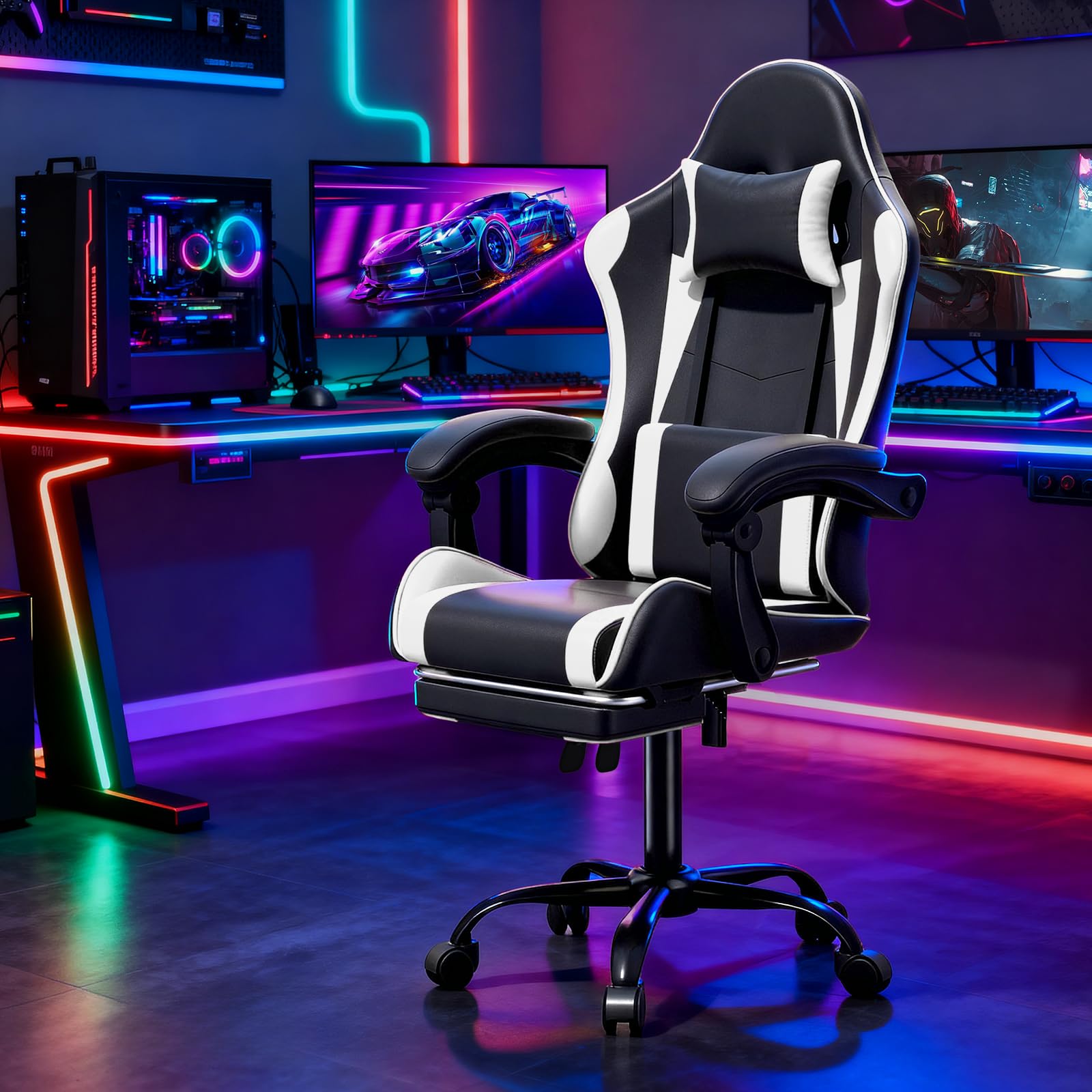 Magshion Gaming Chair for Adults, Ergonomic Computer Chair with Linkage Armrests, Height Adjustable Gamer Chair with Footrest and Headrest for Home