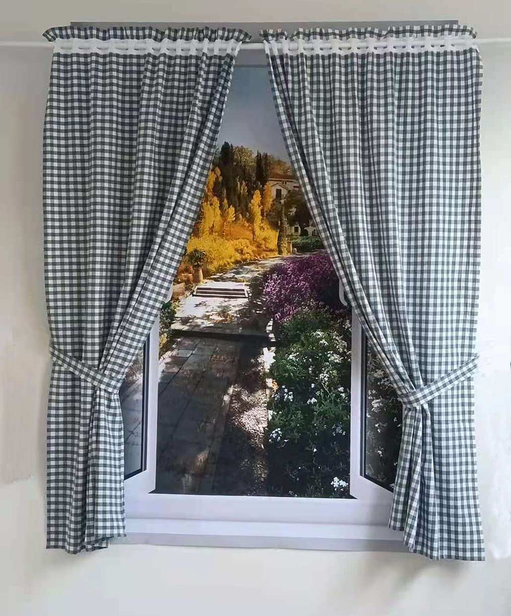 Karo Vorhänge Küchenvorhänge mit Raffhalter HxB 160x100cm 2er Set | Blau Gardinen mit Vichy-Karo Muster Landhausstil Halbtransparent Gardinenschals Gingham für Küche Wohnzimmer Balkon