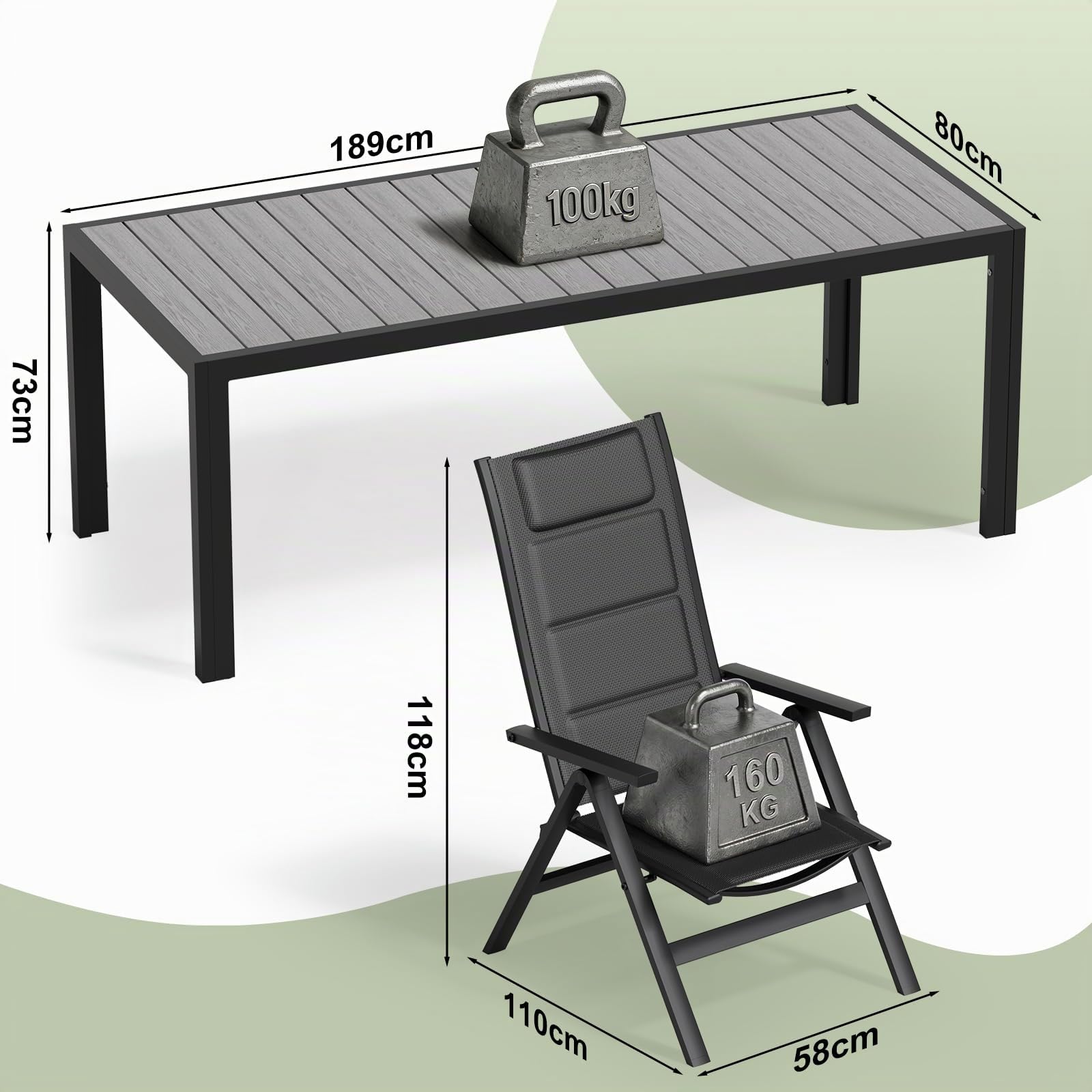 JUMMICO Gartenmöbel Set Klappbar, 5-Fach Verstellbarer Aluminium Sessel mit Holztisch, Wetterfestes Terrassenmöbel für Balkon und Garten