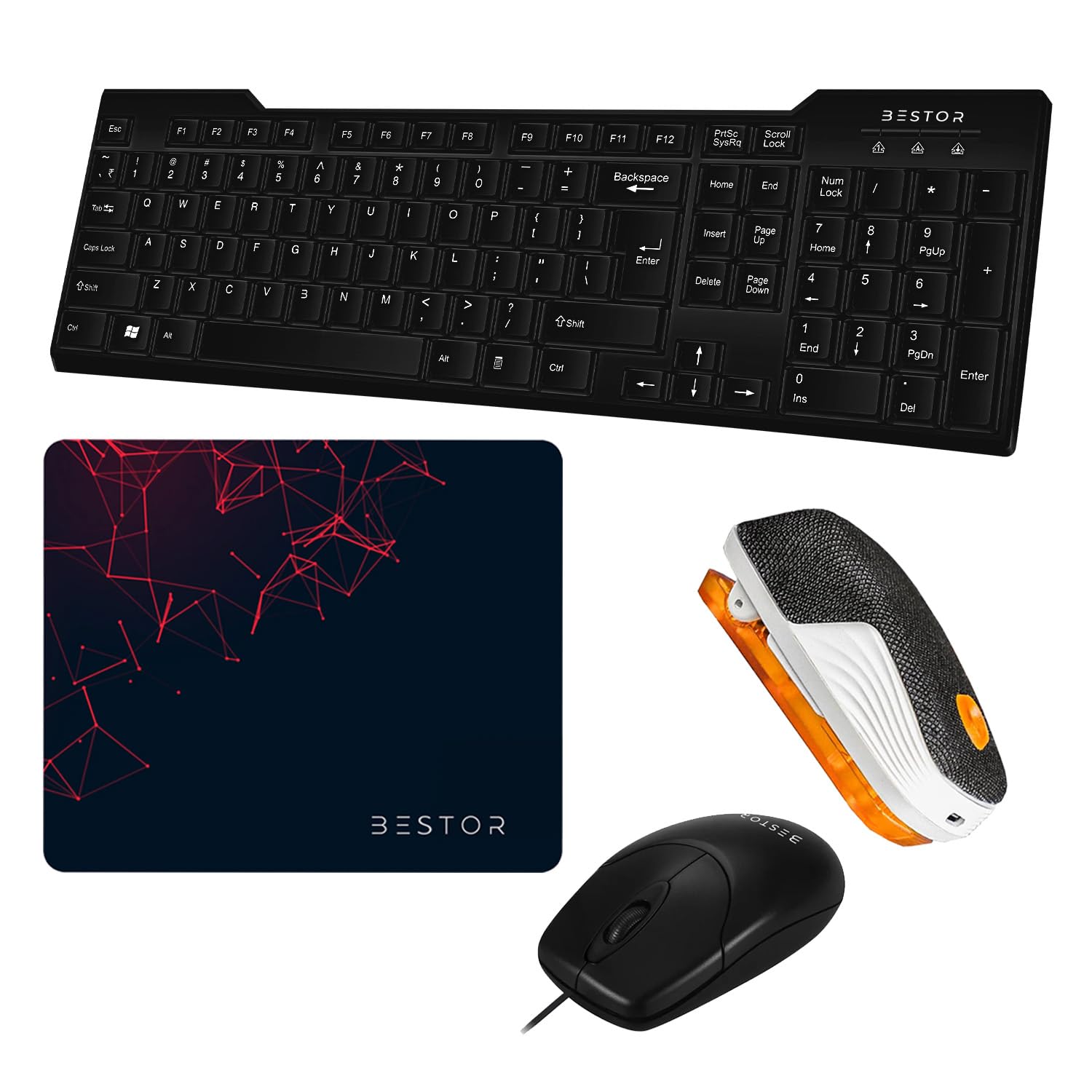 Bestor Set of 4 Combos of USB Wired Keyboard, Wired Mouse, Mouse Pad,Waterproof Bluetooth Speaker 3W RMS, Upto 8 Hr Playtime - for PC, Laptop, Computer Combo Set (Black)-image-46