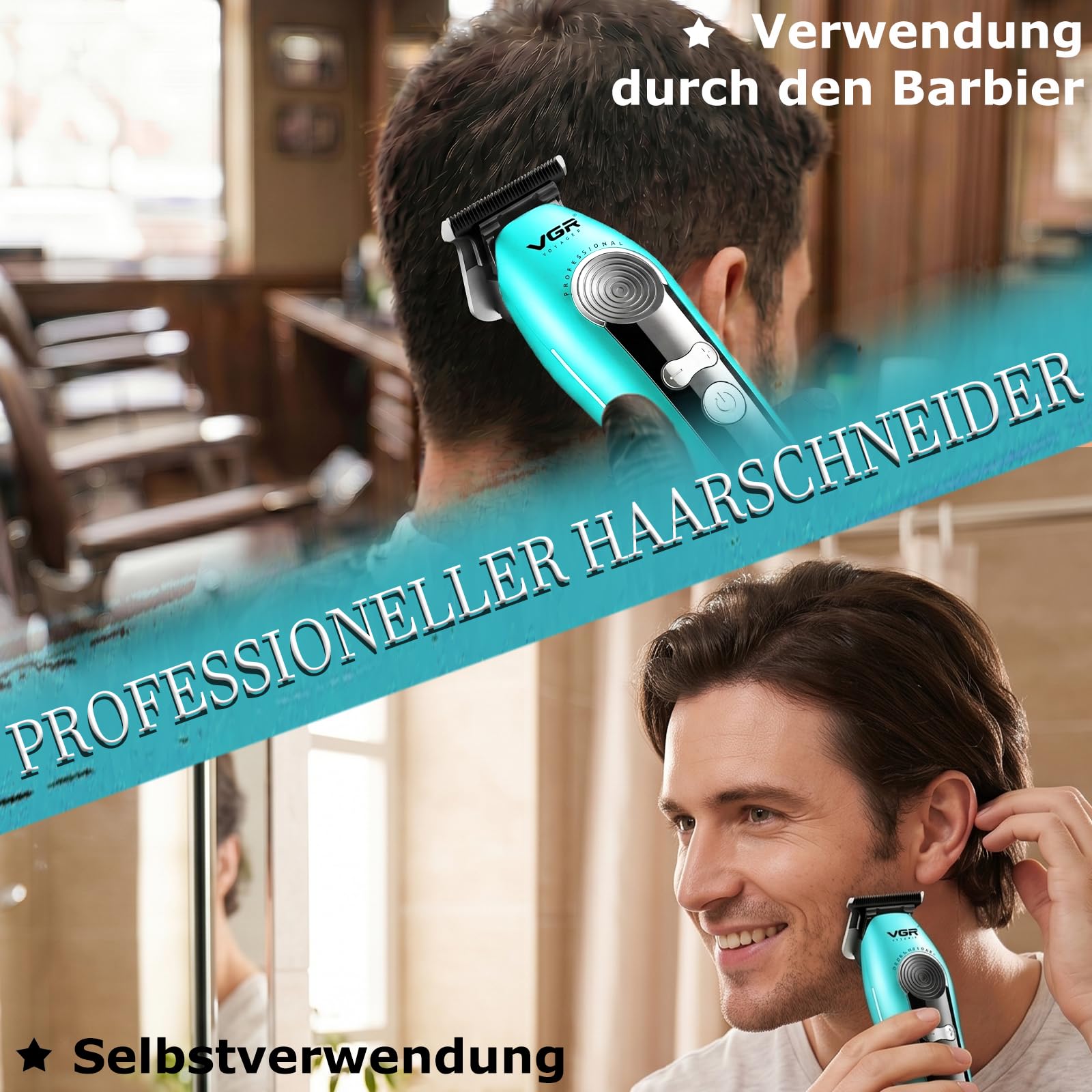 VGR 299 Konturen Haarschneidemaschine Profi, Trimmer Herren mit LED-Display | Kabelloses Haartrimmer Herren Mit Keramik-T-Klinge, 4 FüHrungskamm, 7000 U/Min Motor, 5 Geschwindigkeitsregler