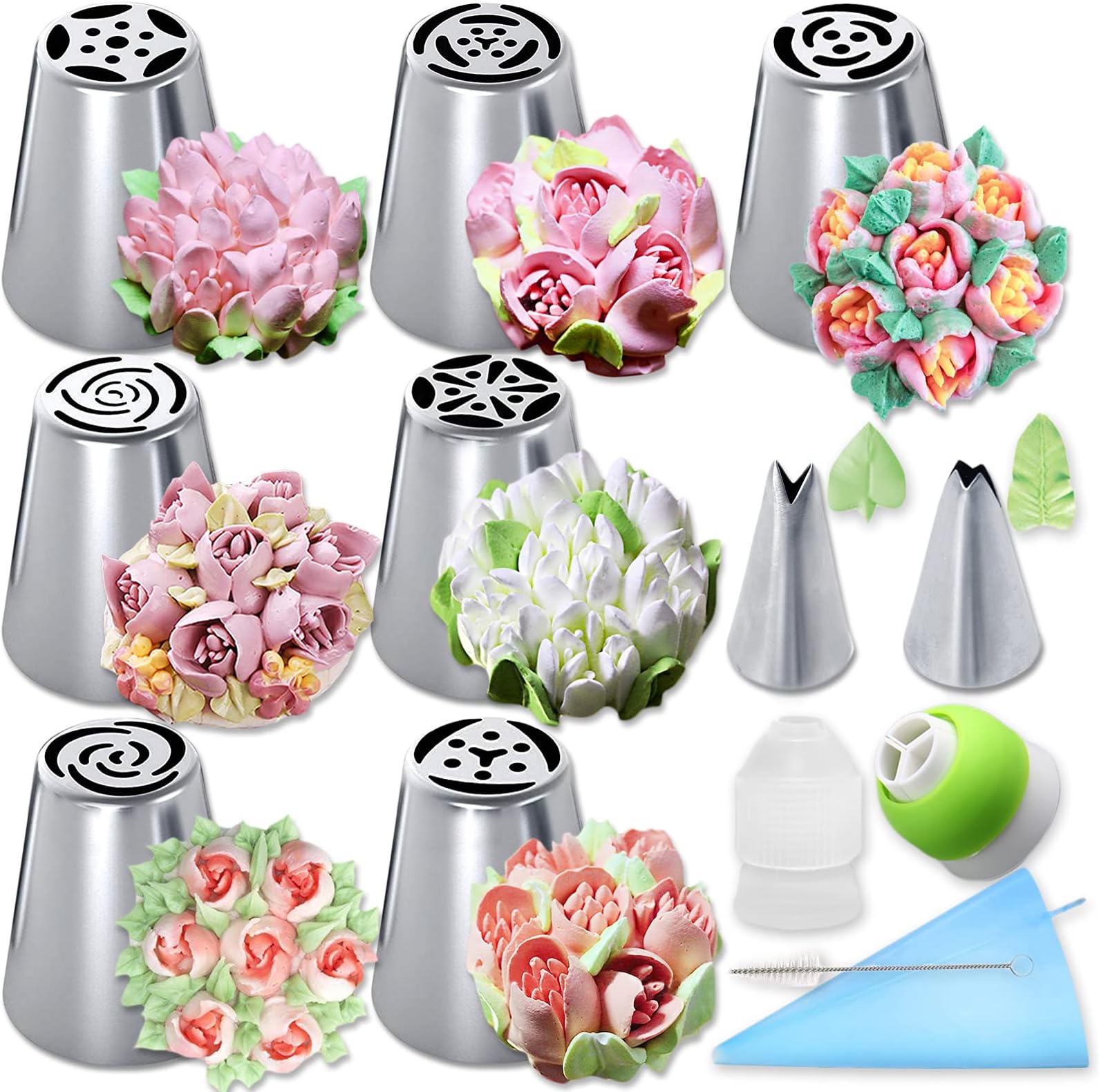 Acehome Russian Piping Tips Set, Flower Frosting Stainless Steel Icing Piping Nozzles Cake Decorating Baking Supplies with Silicone Pastry Bags for Cupcakes Dessert