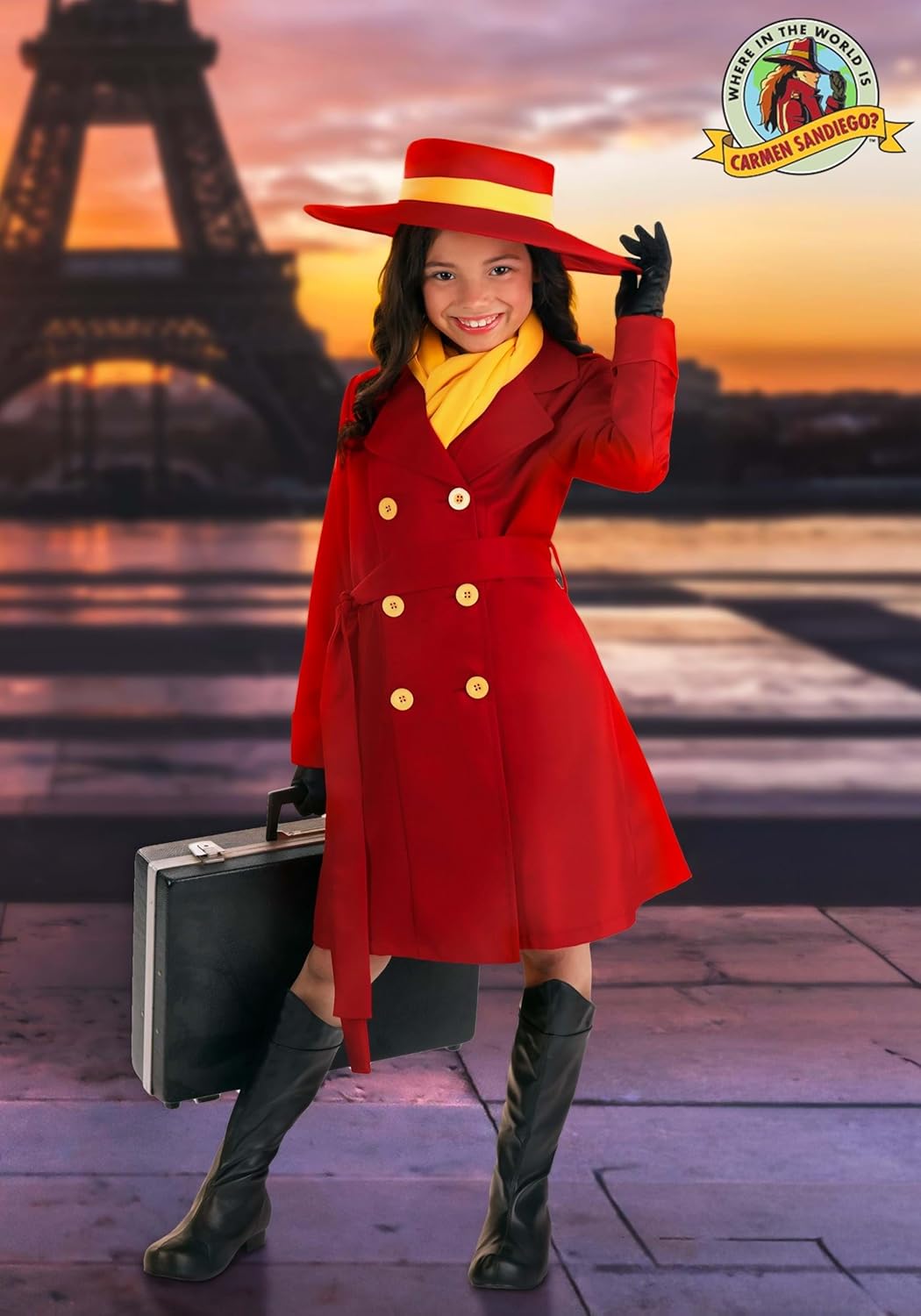 Carmen Sandiego Costume for Girls - Red Trench Coat, Belt, Scarf, and Hat