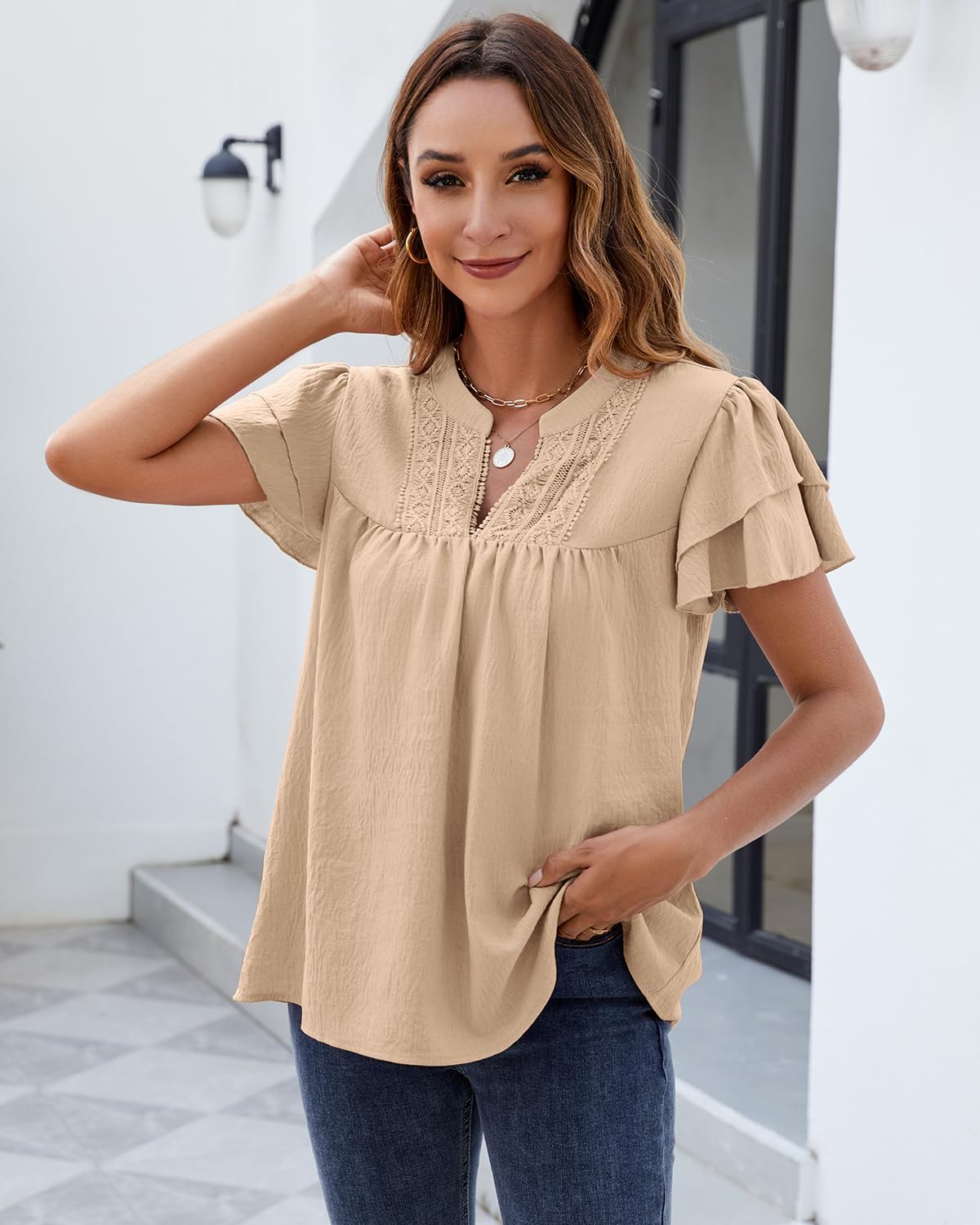 HEYTALALA Womens Summer Tops Dressy Casual Ruffle Short Sleeve V Neck Shirts Business Work Blouses 2025 Trendy - Image 3