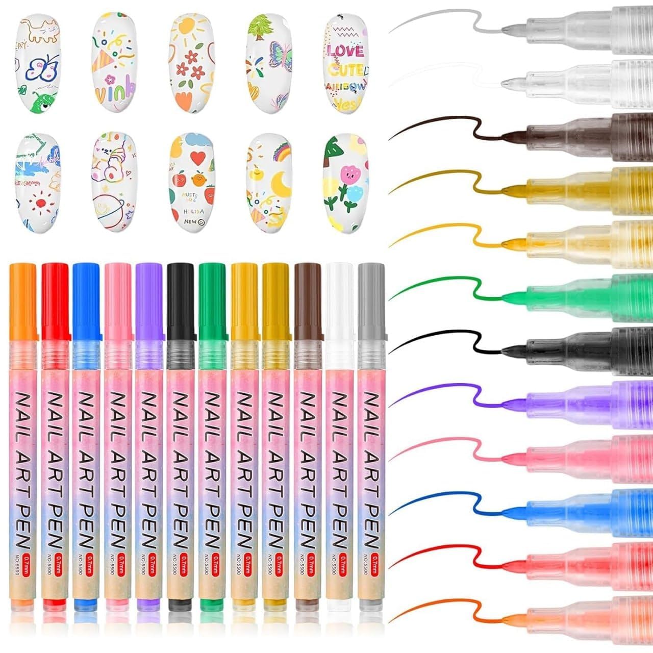 12 Colors Nail Art Pens Set, 0.7mm Ultra Fine Nail Art Marker Pens, Quick Dry Waterproof Nail Painting Pens for Gel, Acrylic & Natural Nails, DIY Nail Art Drawing, Graffiti, Dotting & Manicure Kit for Women & Kids-image-45