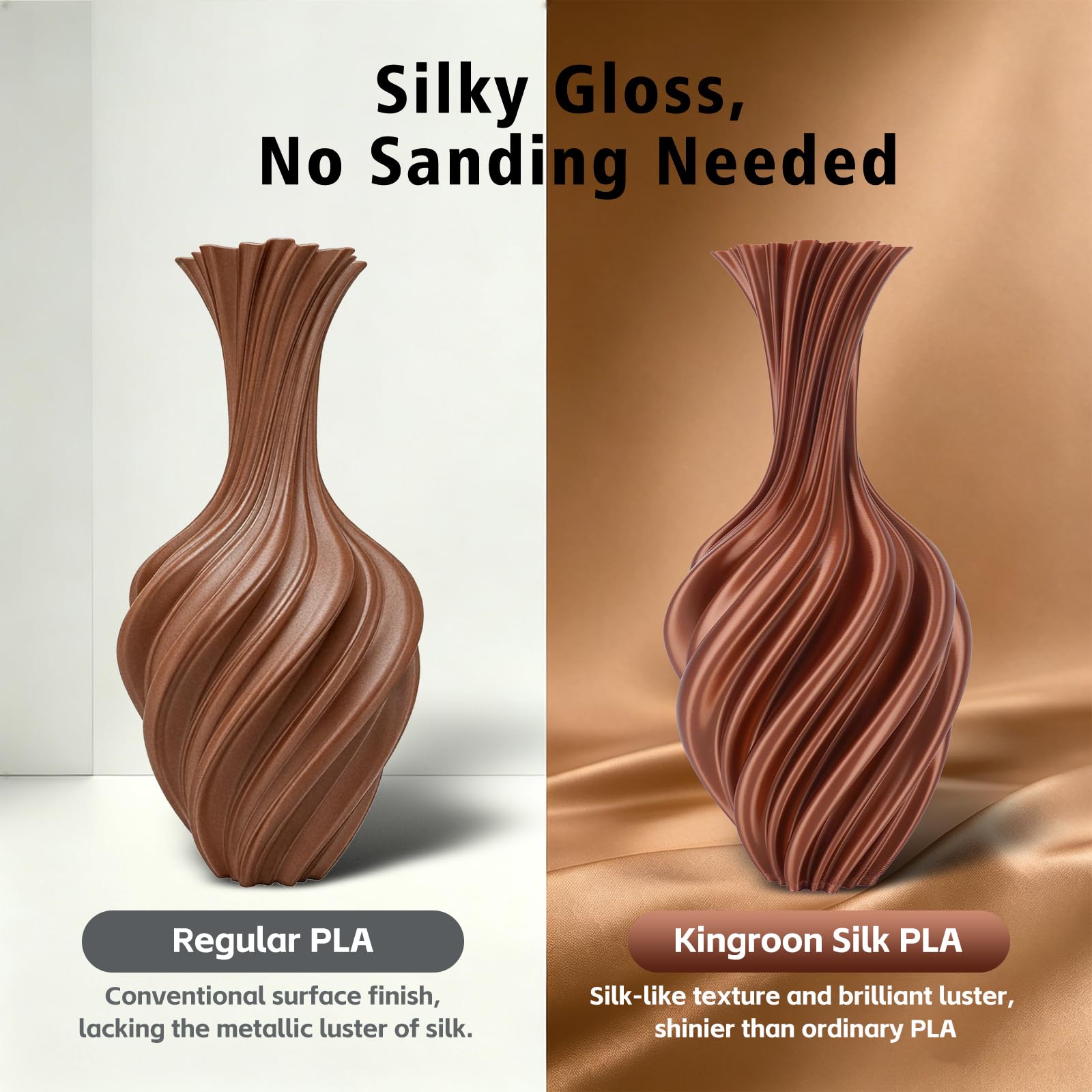 Filamento de seda PLA para impresora 3D, precisión dimensional +/- 0.03 mm, carrete de 1 kg (2.2 libras), filamento PLA brillante de 1.75 mm (cobre)