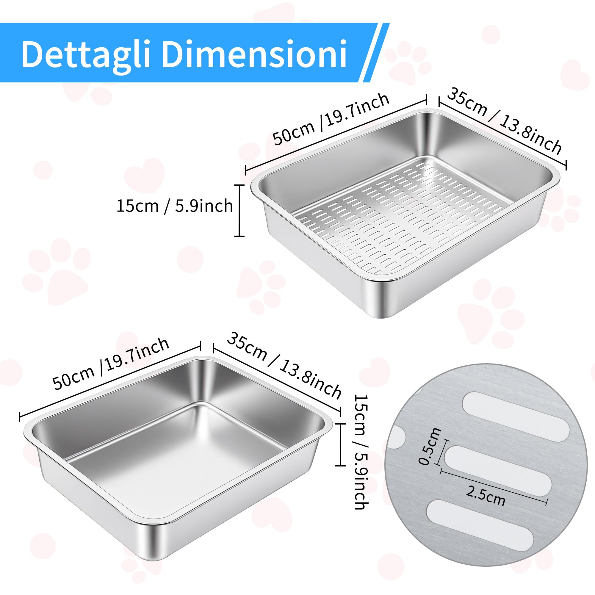 Lettiera per Gatti in Acciaio Inox, Lettiera Gatto Aperta in Metallo - Resistente Agli Odori, Facile da Pulire, 50x35x15cm