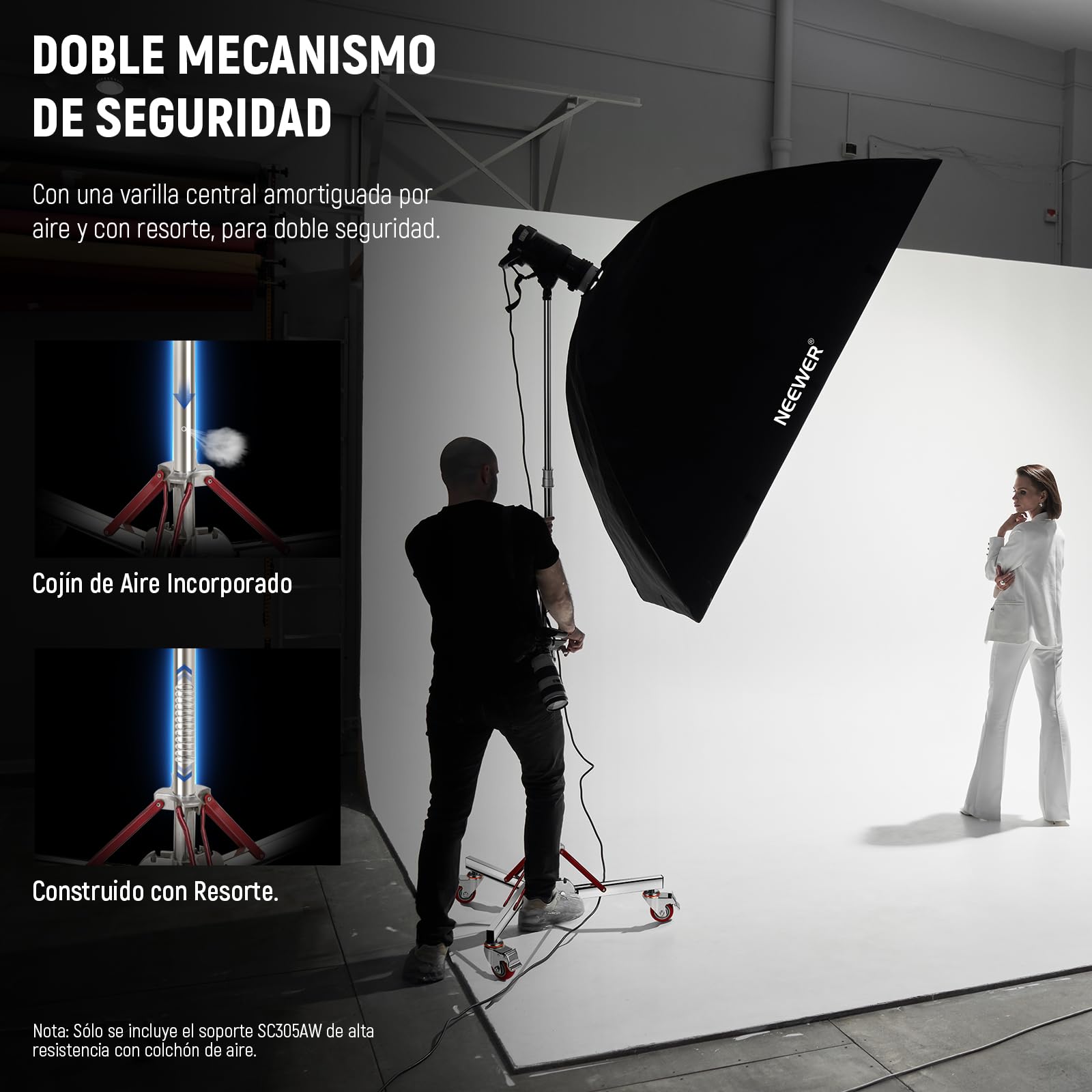NEEWER Soporte de luz Acolchado de Aire Resistente de 10 pies con Ruedas, Soporte de trípode Ajustable, Soporte de Acero Inoxidable con Ruedas para Flash de Estudio, Reflector monolight, SC305AW