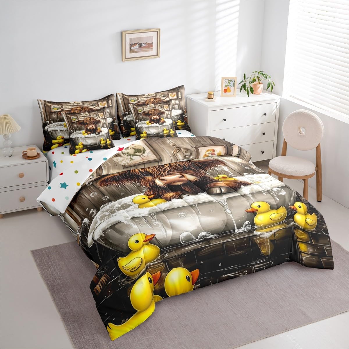 Cute Highland Cattle Kids Comforter Twin Size,Funny Highland Cow Duck 7 Pcs Bedding Set,Cartoon Animal Rustic Farmhouse Decor All Season,Brown Yellow(Fitted+Sheet+2 Pillowcases+2 Throw Pillow Covers)