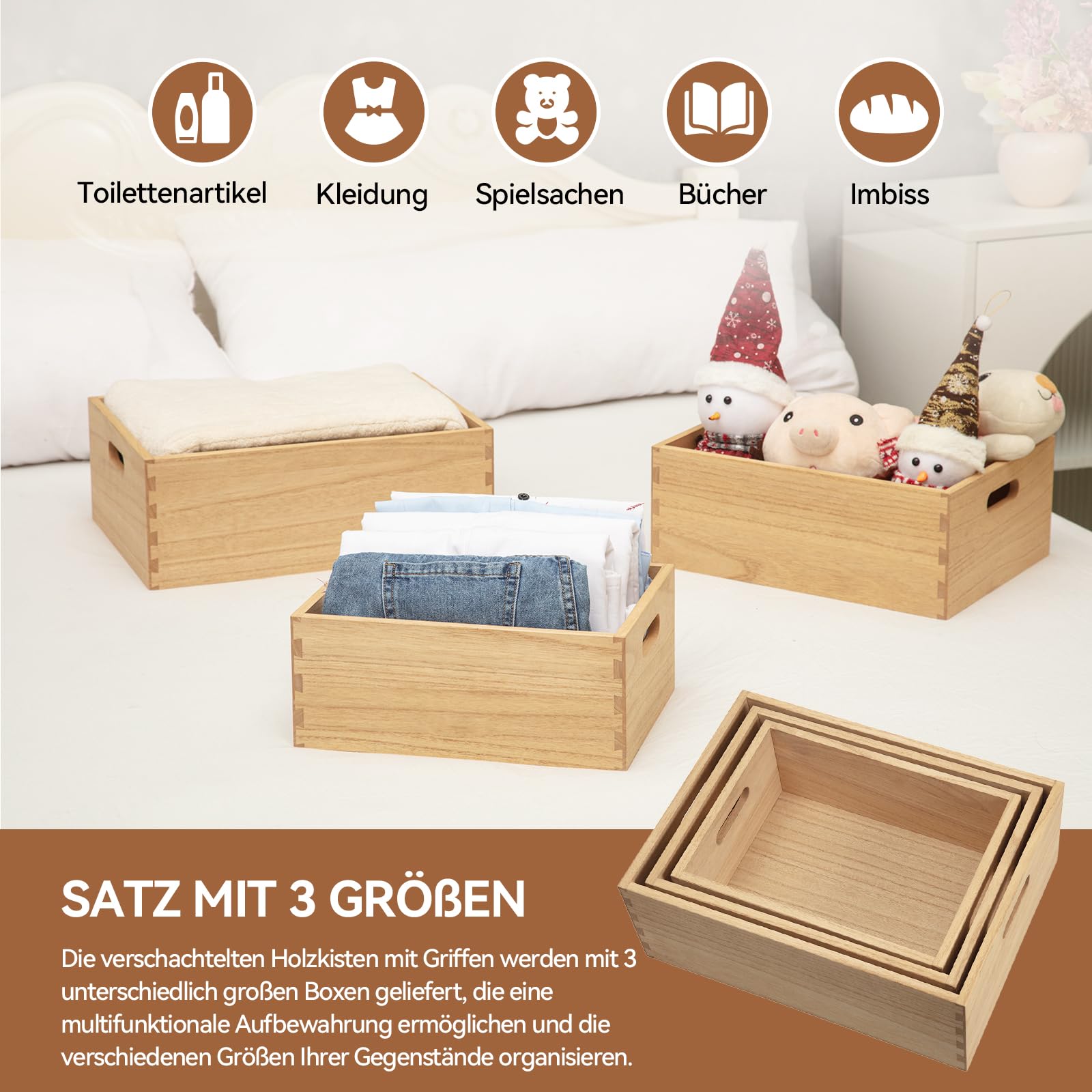 KIRIGEN Aufbewahrungsbox Holz, 3er-Holzkisten-Set mit Griffen, Natur | Ineinander verstaubar, handgefertigt, fertig montiert, Zapfenverbindungen, Pflanzenöl-Oberfläche, für trockene Innenräume