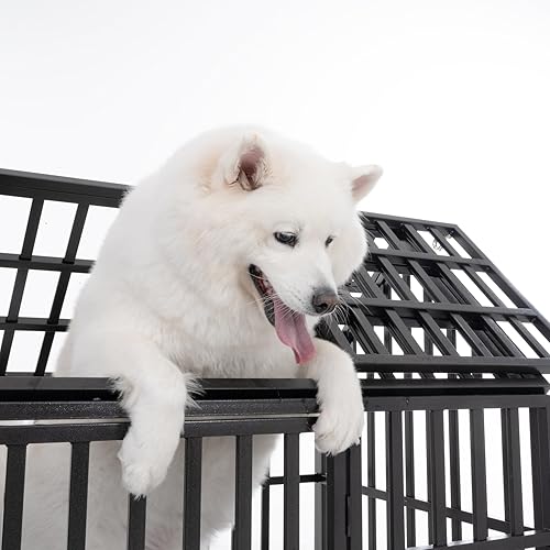 Miniatura 6 de Jaula de metal para perros de 52 pulgadas con 4 ruedas con cerradura, perrera resistente con puertas y techo para perros grandes, color negro