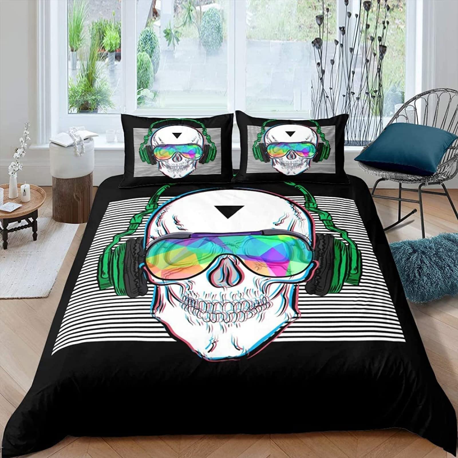 Komplet pościeli na łóżko podwójne, czaszka, muzyka, zestaw pościeli na podwójne łóżko, poszewka na kołdrę z mikrofibry 230 x 220 cm, poszewka na kołdrę z 2 poszewkami na poduszki (podwójny)