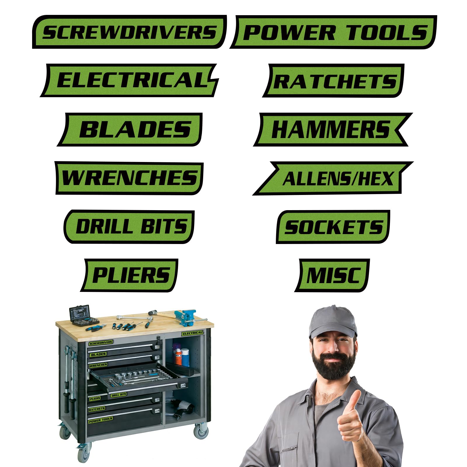 Photo 1 of 12 Pack of Magnetic Tool Box Labels,Reusable Toolbox Labels Magnet,Magnetic Toolbox Drawer Labels,Tool Box Organize Accessories for Steel Toolboxes, Carts, and Cabinets Gifts for Tools Lovers (Green)