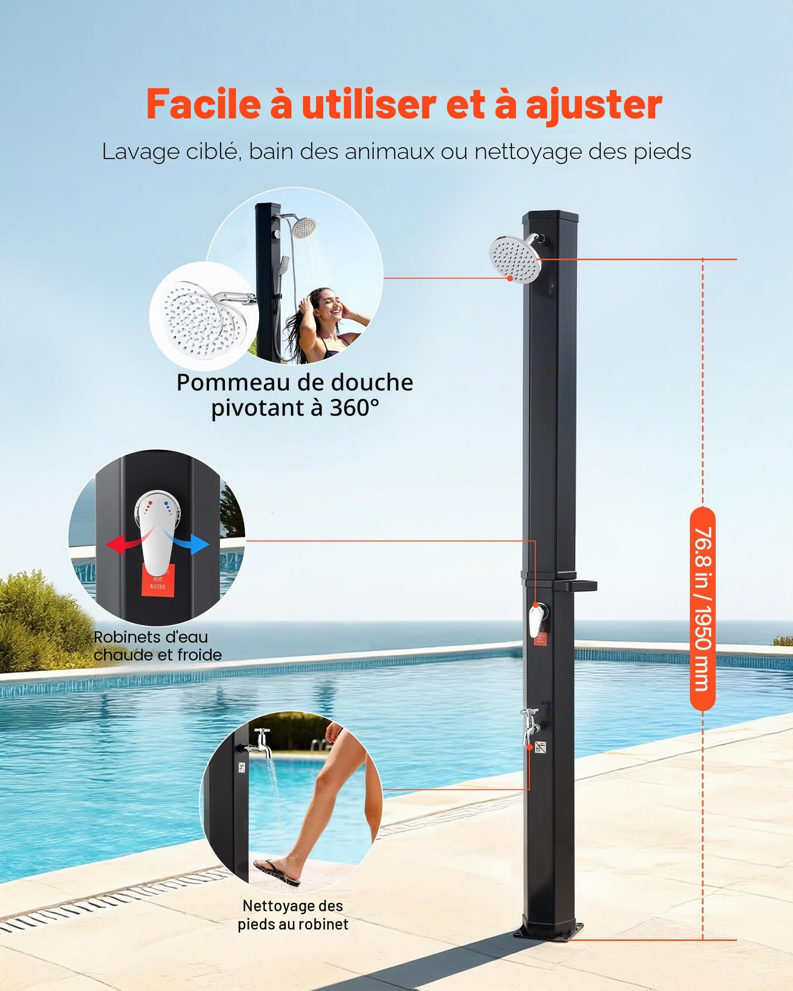VEVOR Douche Solaire 35 L Douche Extérieur Solaire Autoportante pour Jardin Piscine Plage, Hauteur Pommeau 1,95 m, avec Robinet de Lavage des Pieds, Porte-Savon, Réglage Eau Chaude et Froide, Noir