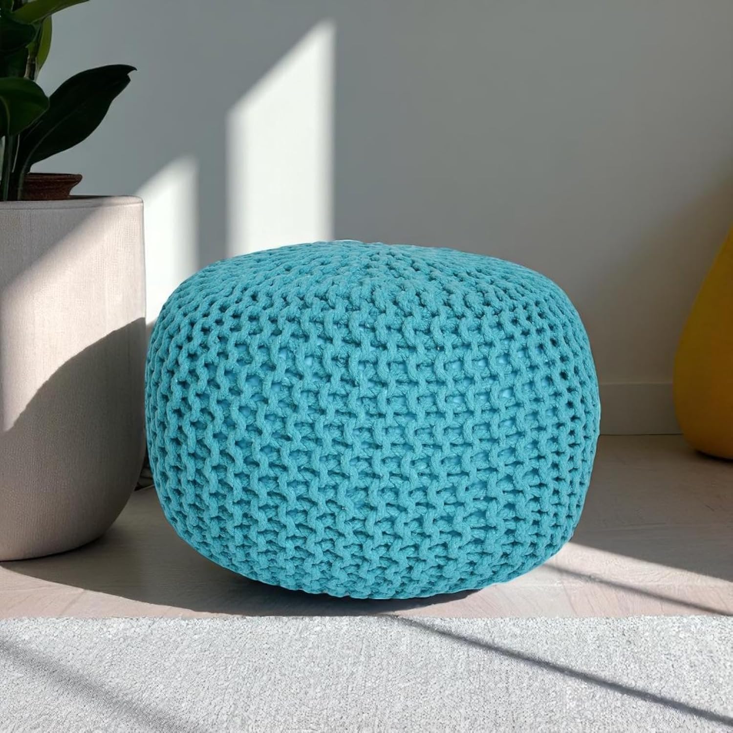 CASVO Handmade Large Knitted Pouffe Ottoman 100% Cotton Chunky Couffes for Living Room Versatile for Foot Rest Extra Seating & Home Decor 50cm Foot Stool (Teal)
