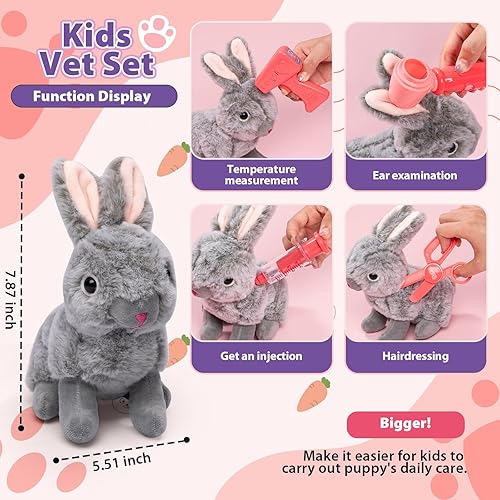 Miniatura 3 de KidEwan - Kit veterinario de 16 piezas para niños, conejo de peluche con bolsa de transporte para mascotas, juego de cuidado de mascotas, kit médico