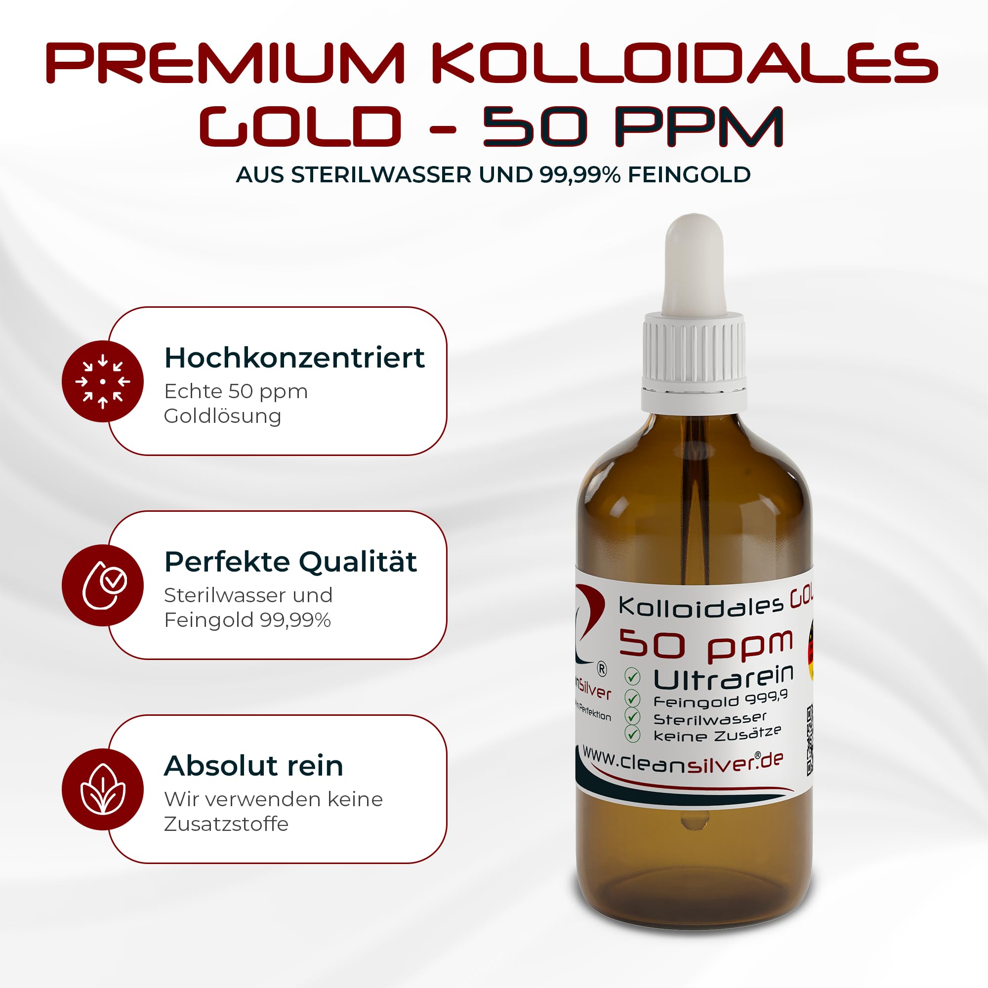 CleanSilver Kolloidales Gold 50 ppm, 100ml mit Pipette - Ultrarein: Sterilwasser und Feingold 99,99% - Made in Germany – stets frisch, keine Lagerware
