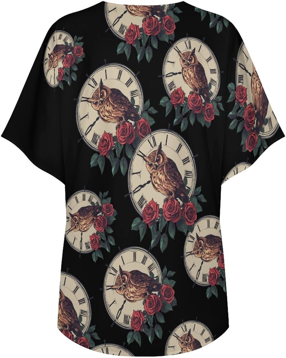 Owl Rose Flowers Clock Women's Open Front Cardigan Short Sleeves Jacket Lightweight Sweaters Tops