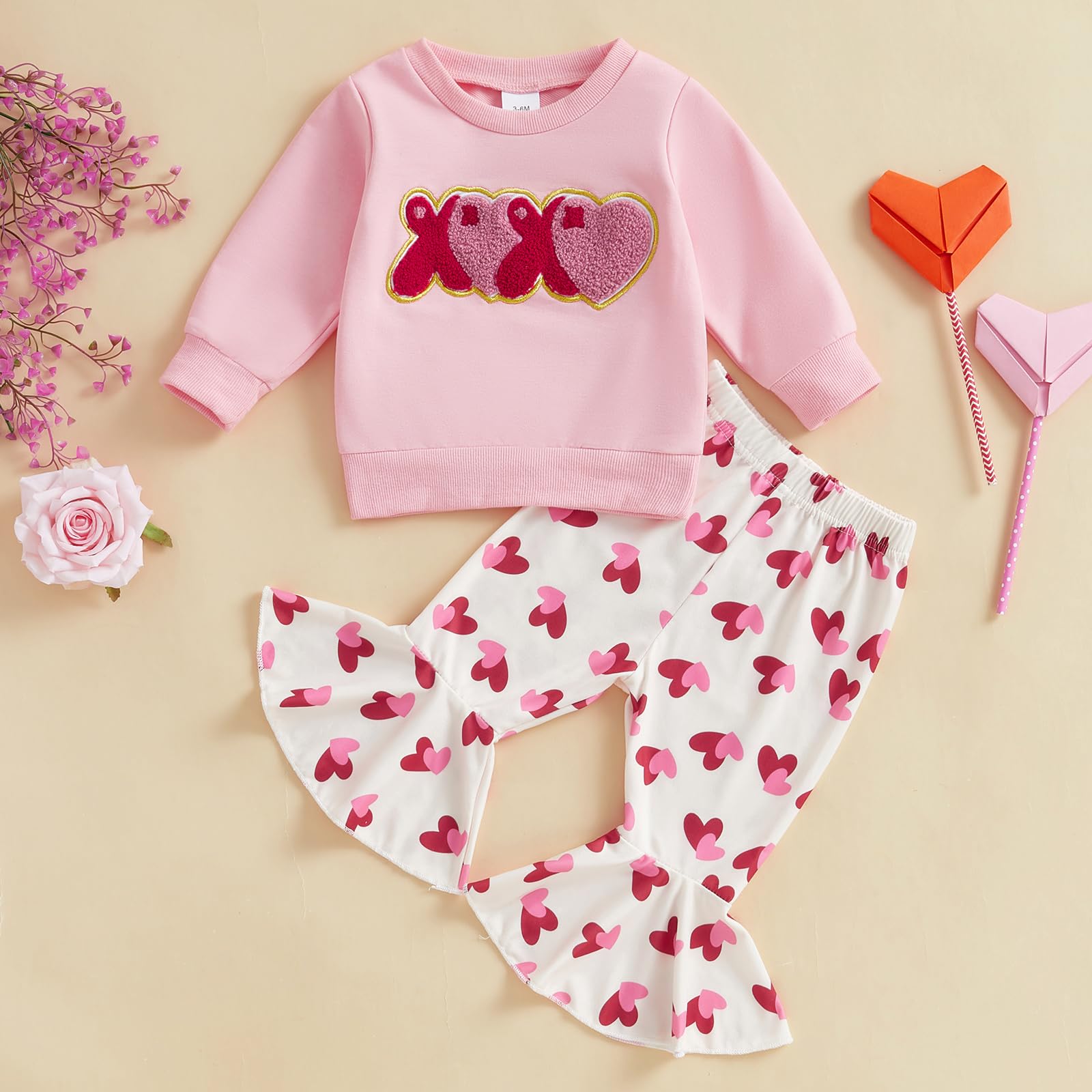 Xiaodriceee Baby Girl Valentine's Day Outfits Letter Embroidery Long Sleeve Crewneck Sweatshirt Bell Bottom Pants Set Valentine’s Day Clothes (C-Pink, 12-18 Months)