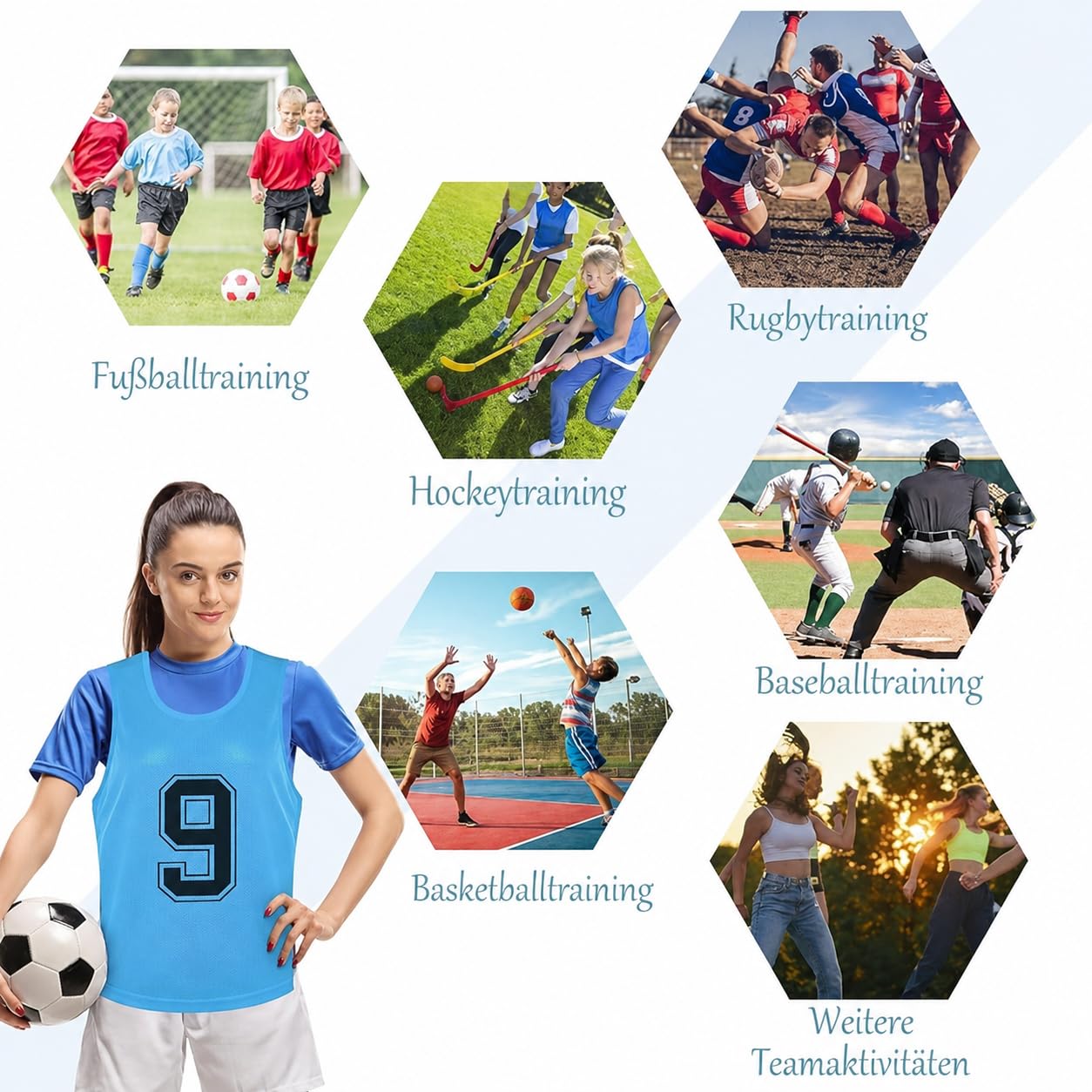 24er-Pack Leibchen für Erwachsene mit Nummern (1-12) - Atmungsaktive Trainingswesten- Markierungshemden für Fußball, Basketball & Sport, Rot & Blau