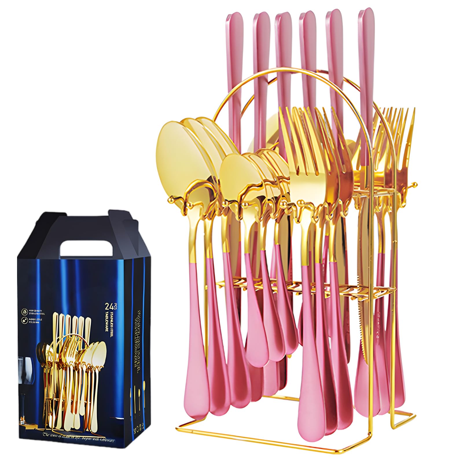24 Pcs Pink Gold Cutlery Set with Stand, Stainless Steel Flatware Set Service for 6, Mirror Polished Utensil Set, Elegant Gift Box for Wedding, Party, Dining