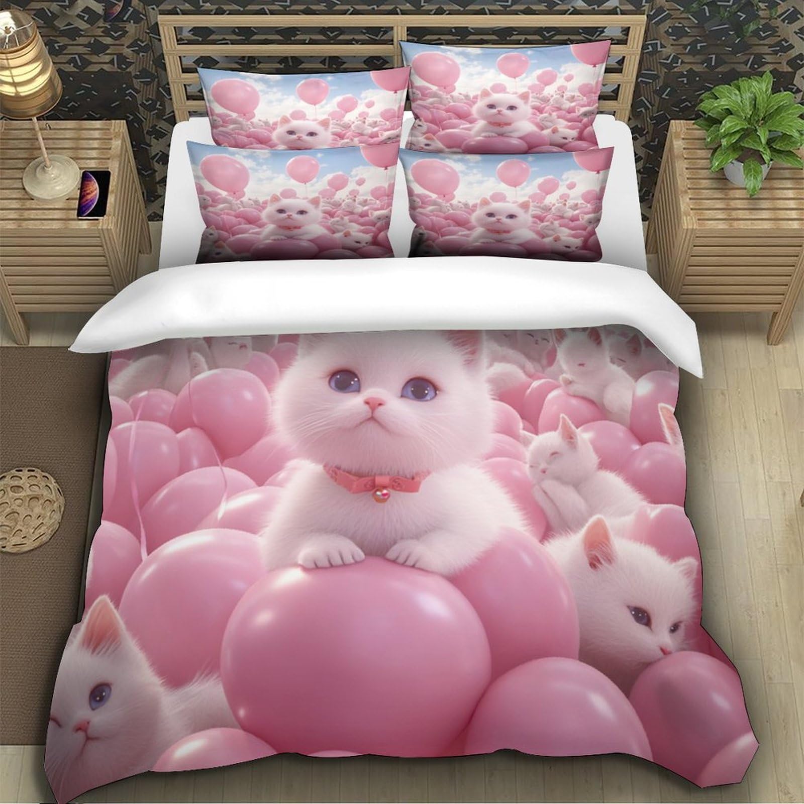 gattino carino Impressione 3D 3 pz cover piumone fantasia di palloncini rosa fodera per edredone microfibra morbida antiacari per bambini ragazzi donne King（220x240cm）