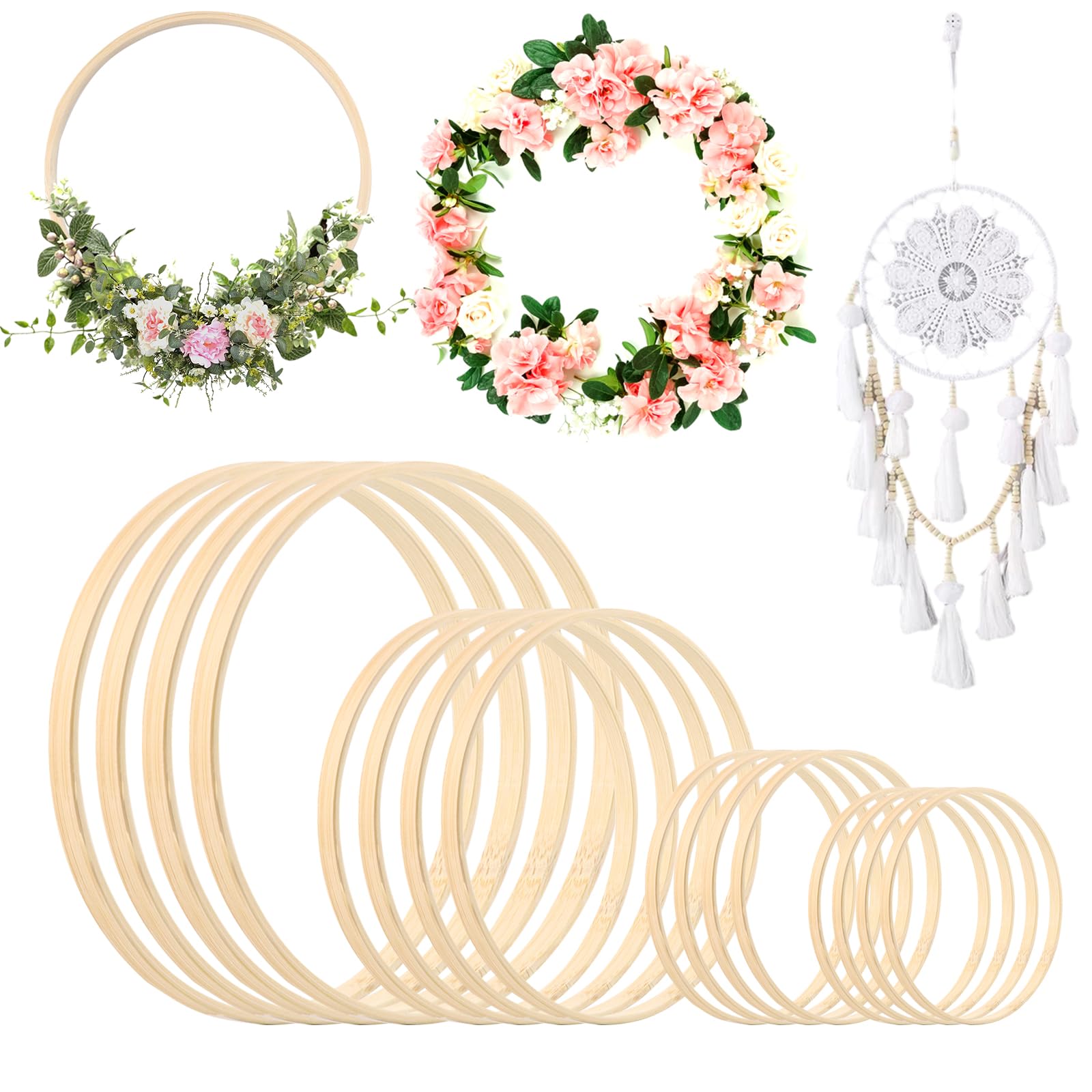 16Pcs Bamboo Wooden Wreath Rings, 4 Sizes Wooden Hoops Rings, Large Bamboo Hoops for Crafts Floral Round Wreath Hoop