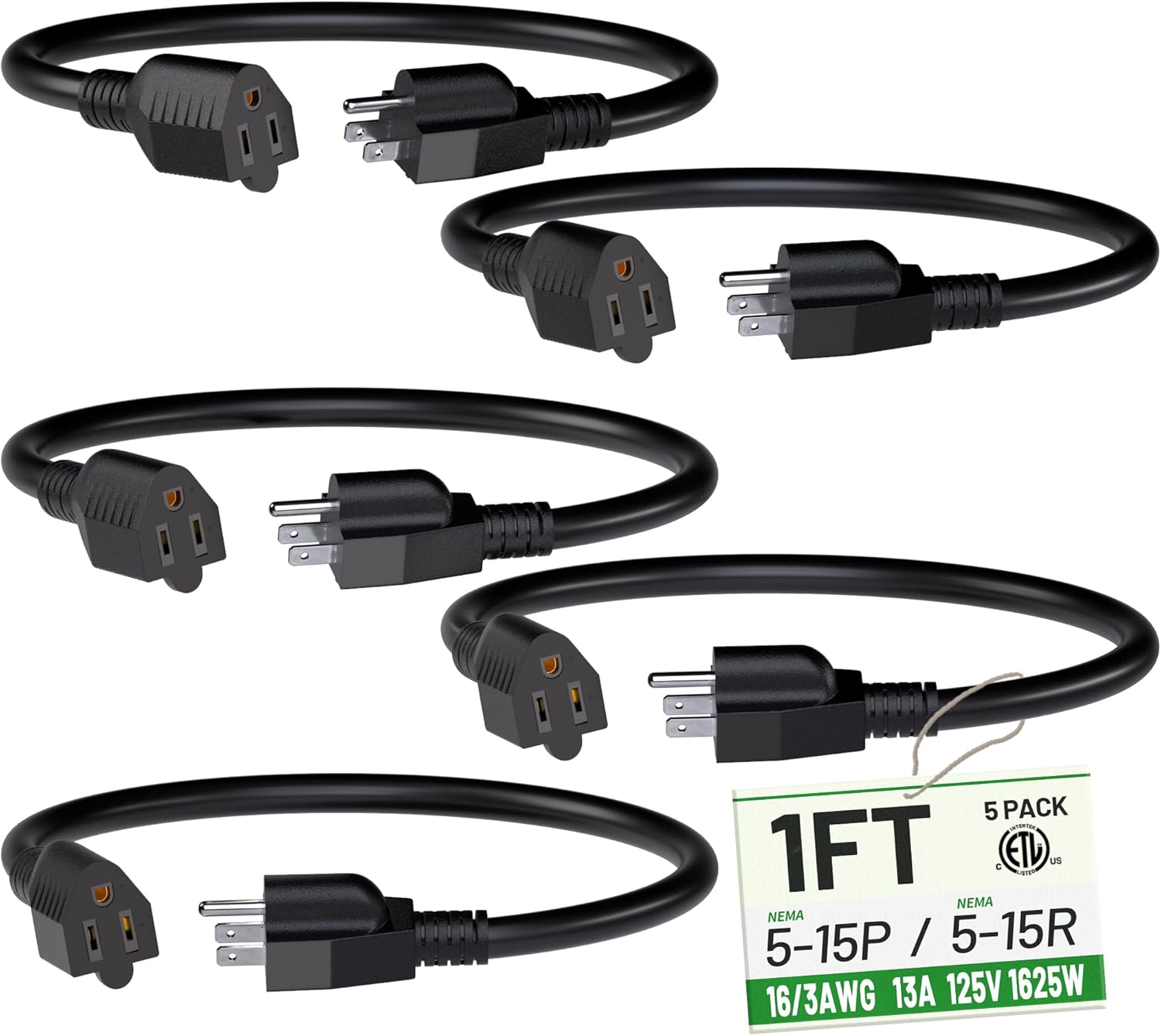 Short Extension Cord 1 Foot Black 5 Pack, 16/3 Gauge Indoor Power Extension Cable, 13A 125V 1625W 16AWG, 3 Prong Outlet Saver NEMA 5-15P to NEMA 5-15R, ETL Listed POWGRN