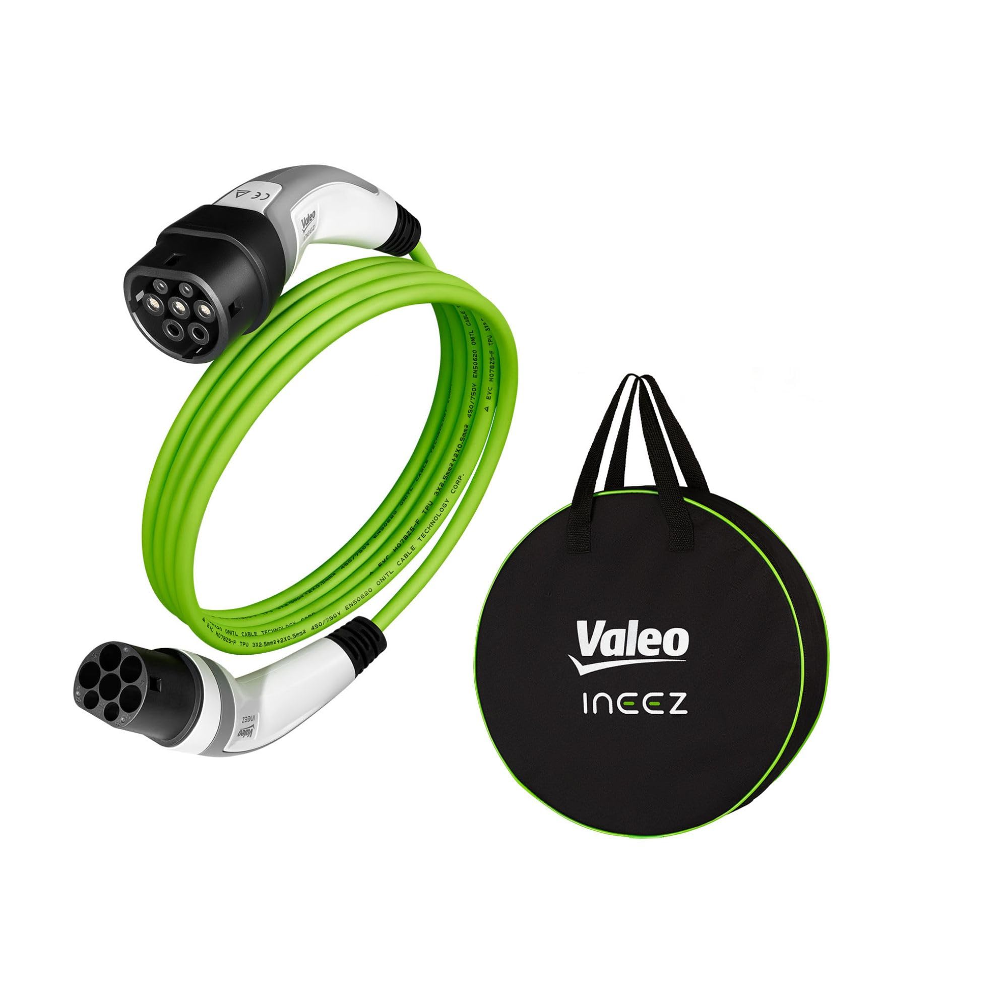 Valeo Ineez - 652108 - Cable de Carga para vehículos eléctricos o híbridos enchufables con Bolsa de Transporte - Tipo 2 a Tipo 2-3,7 kW - 10 Metros