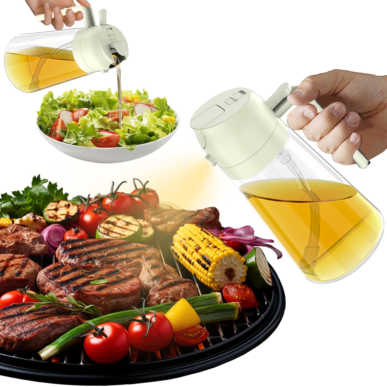 Oil Sprayer for Cooking, 2 in 1 Oil Dispenser Bottle for Kitchen, 16oz/470ml Spray & Pour Oil Dispenser Bottle,Glass Olive Oil Spritzer, Food-grade Oil Mister for Air Fryer,Salad,Frying,BBQ (Cream)